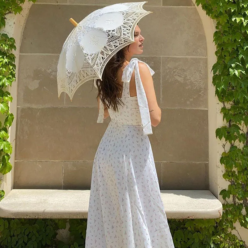 Adorable Daisy Printed High Slit A-Line Slip Midi SunDresses - White