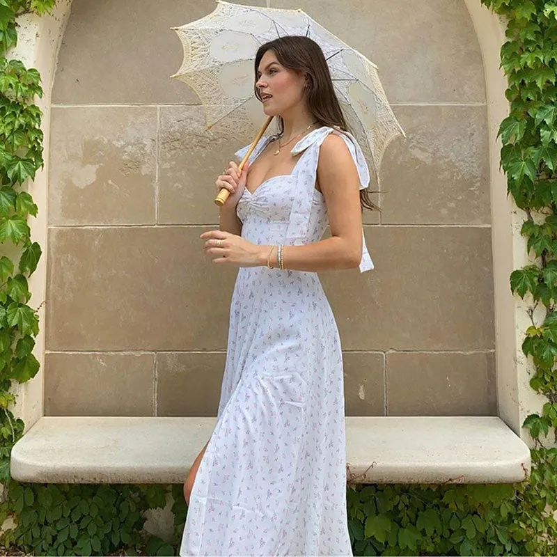 Adorable Daisy Printed High Slit A-Line Slip Midi SunDresses - White
