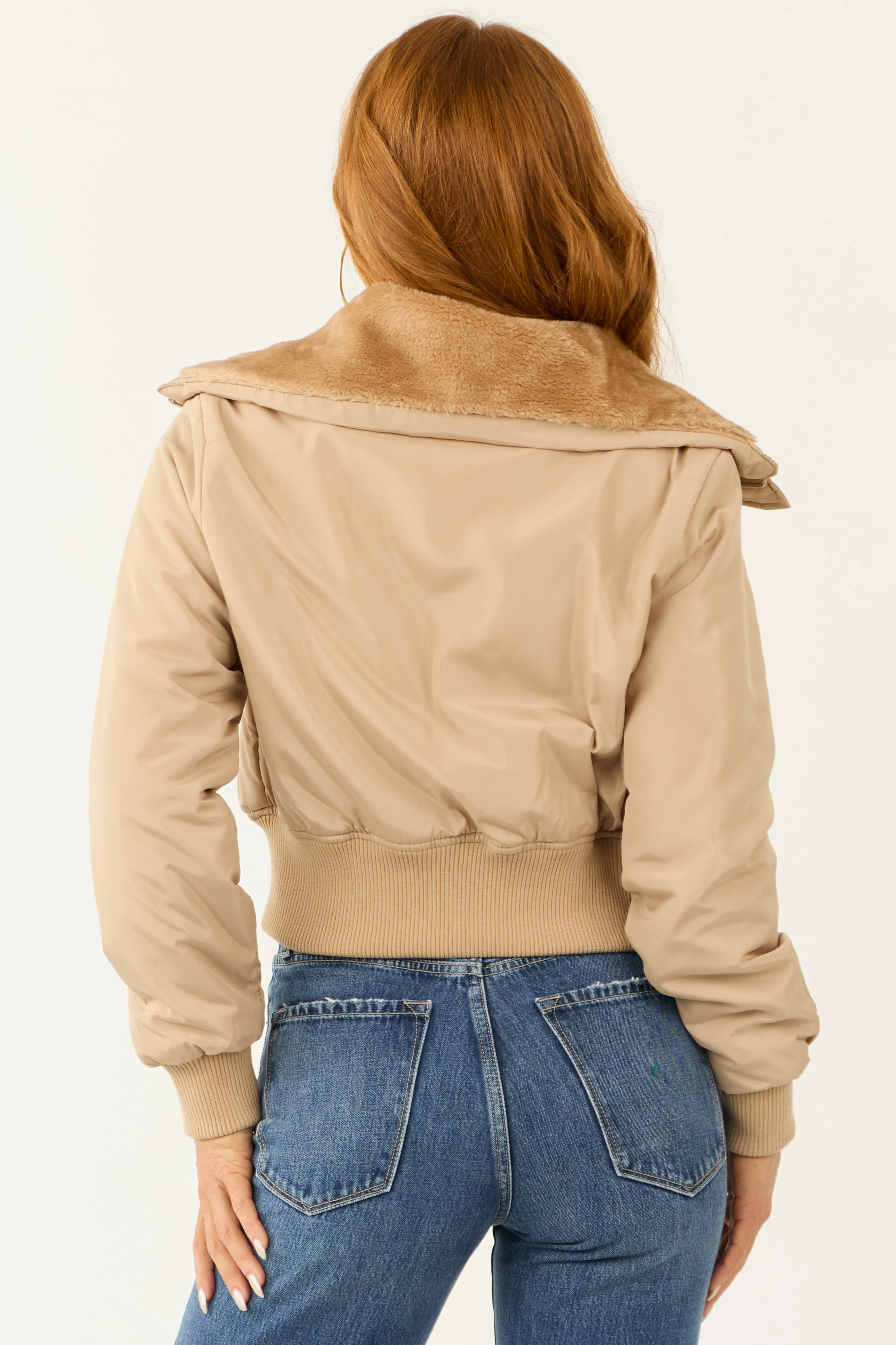 Beige Faux Fur Padded Zip Up Cropped Jacket
