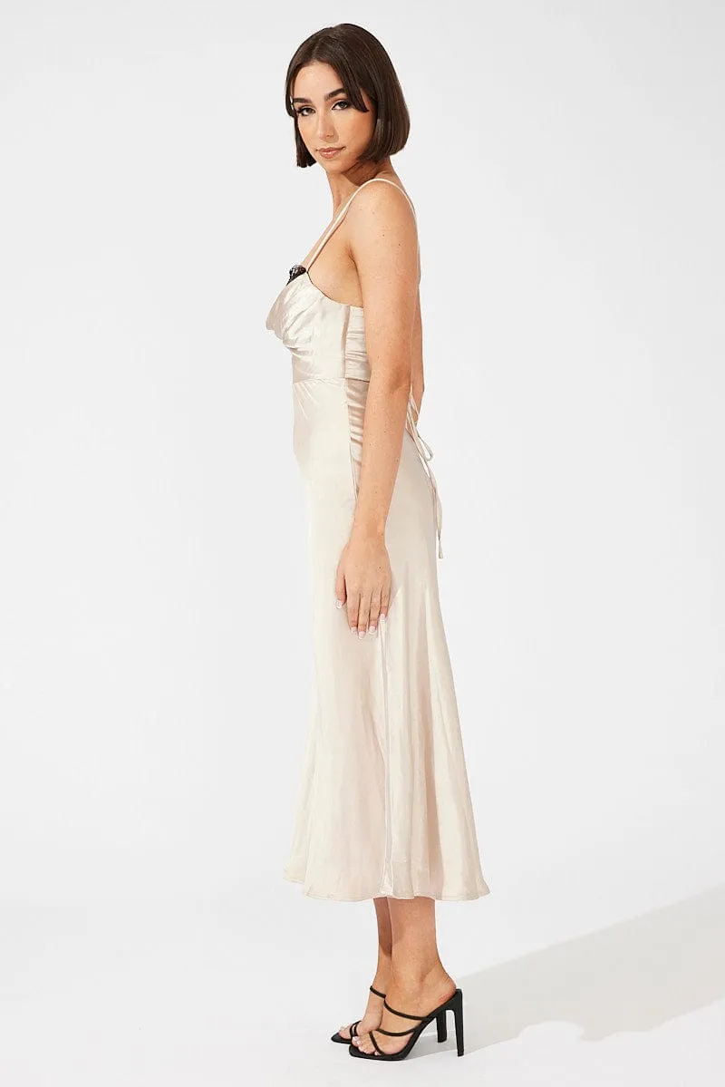 Beige Midi Dress Sleeveless Cowl Neck Satin Slip Lace