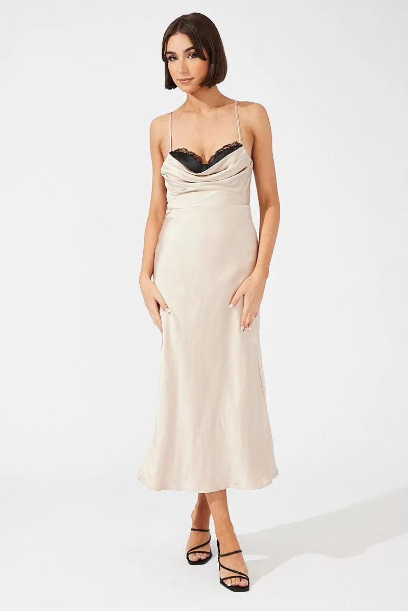 Beige Midi Dress Sleeveless Cowl Neck Satin Slip Lace