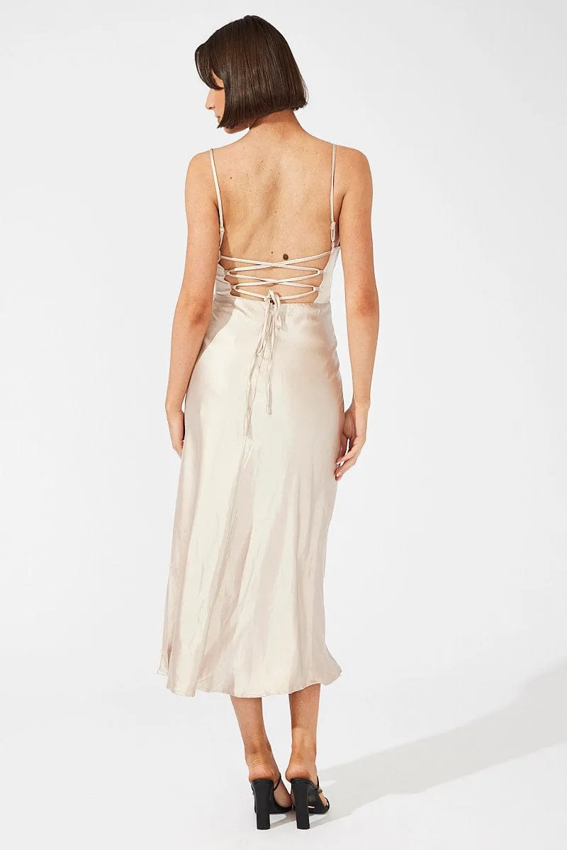 Beige Midi Dress Sleeveless Cowl Neck Satin Slip Lace