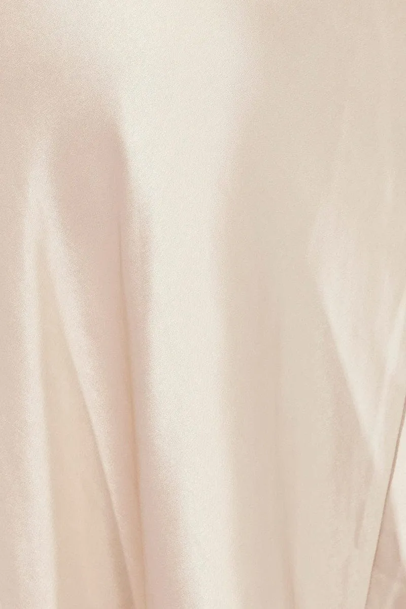 Beige Midi Dress Sleeveless Cowl Neck Satin Slip Lace