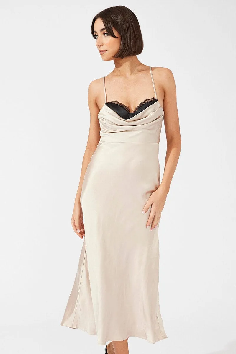 Beige Midi Dress Sleeveless Cowl Neck Satin Slip Lace