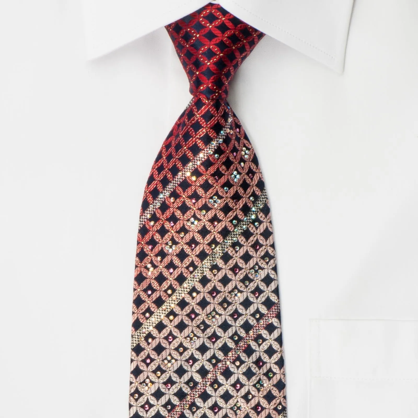Cabrini Mens Silk Rhinestone Necktie Burgundy Black Geometric With Silver Sparkles