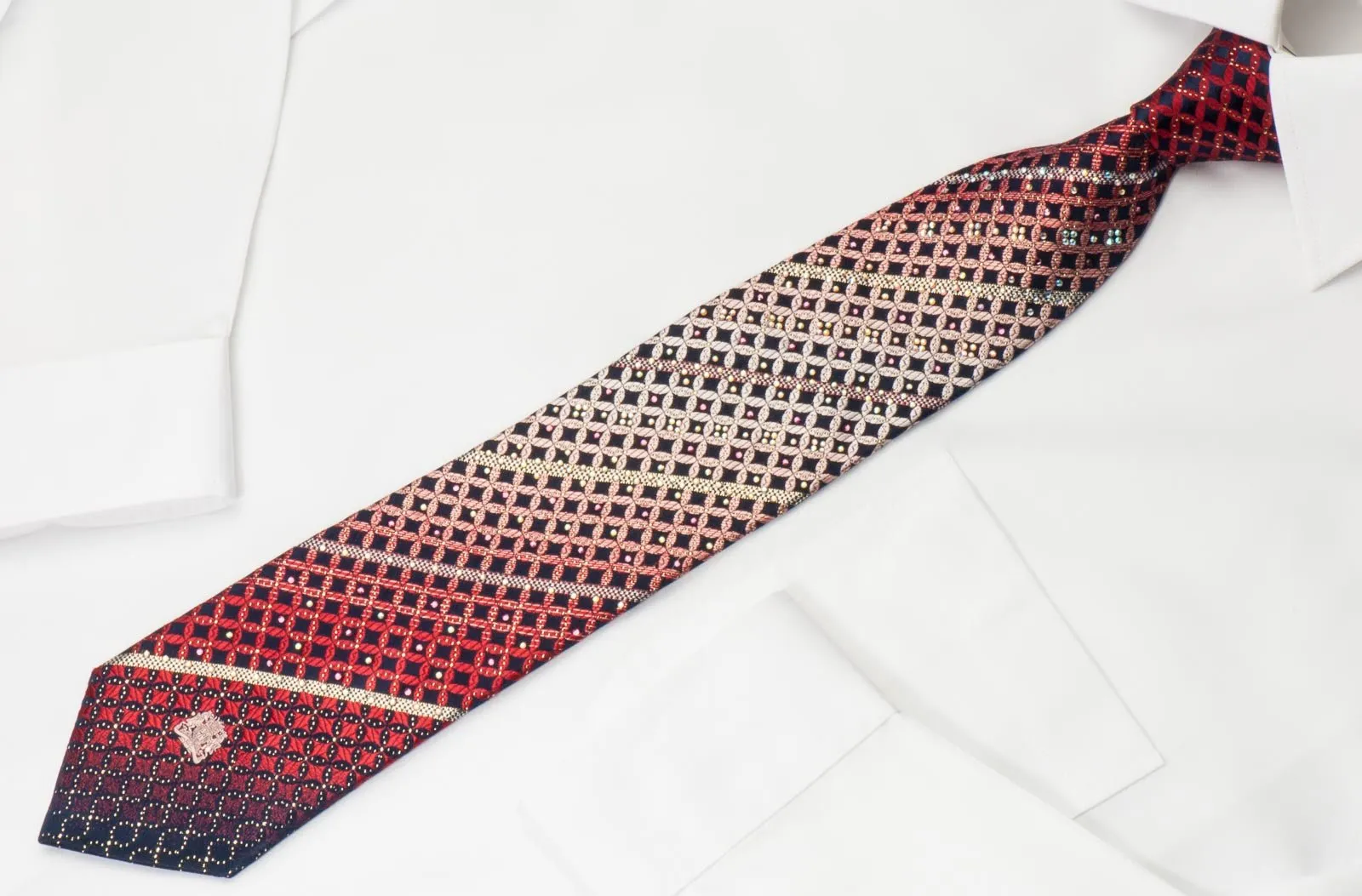 Cabrini Mens Silk Rhinestone Necktie Burgundy Black Geometric With Silver Sparkles