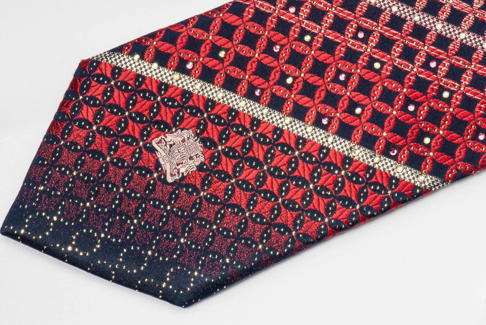 Cabrini Mens Silk Rhinestone Necktie Burgundy Black Geometric With Silver Sparkles