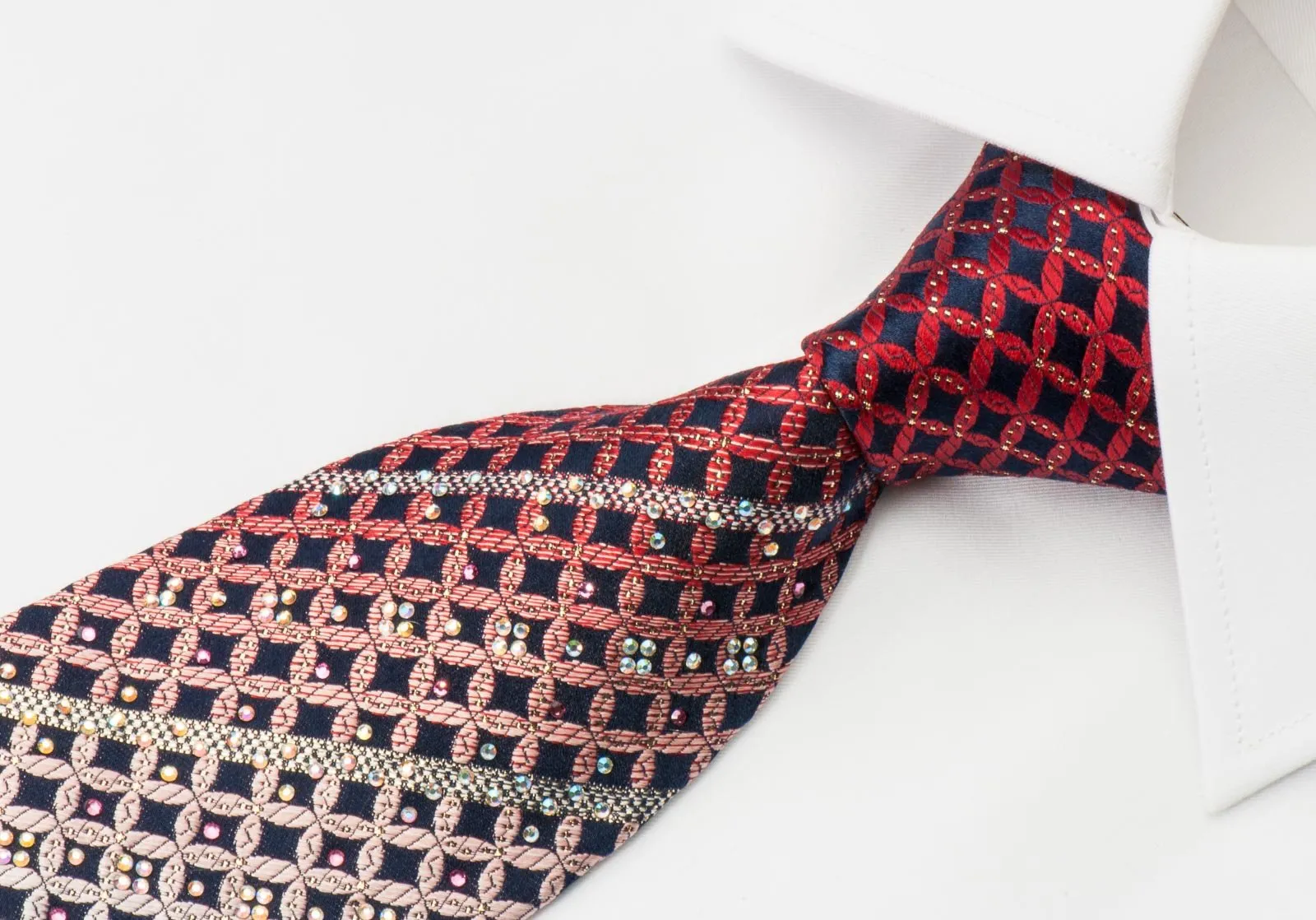 Cabrini Mens Silk Rhinestone Necktie Burgundy Black Geometric With Silver Sparkles