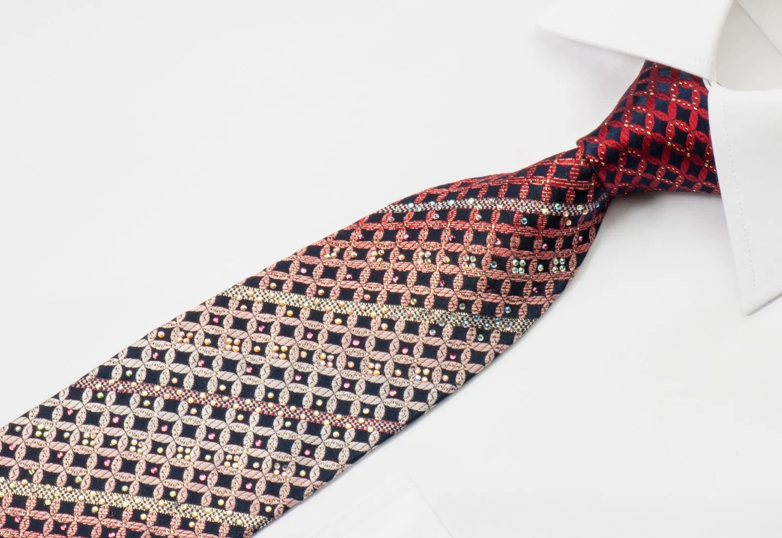 Cabrini Mens Silk Rhinestone Necktie Burgundy Black Geometric With Silver Sparkles