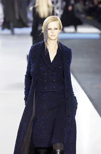 Chanel Vintage AW 2002 Runway Black Blue Wool Boucle Owl Button Two Piece Jacket Skirt Suit