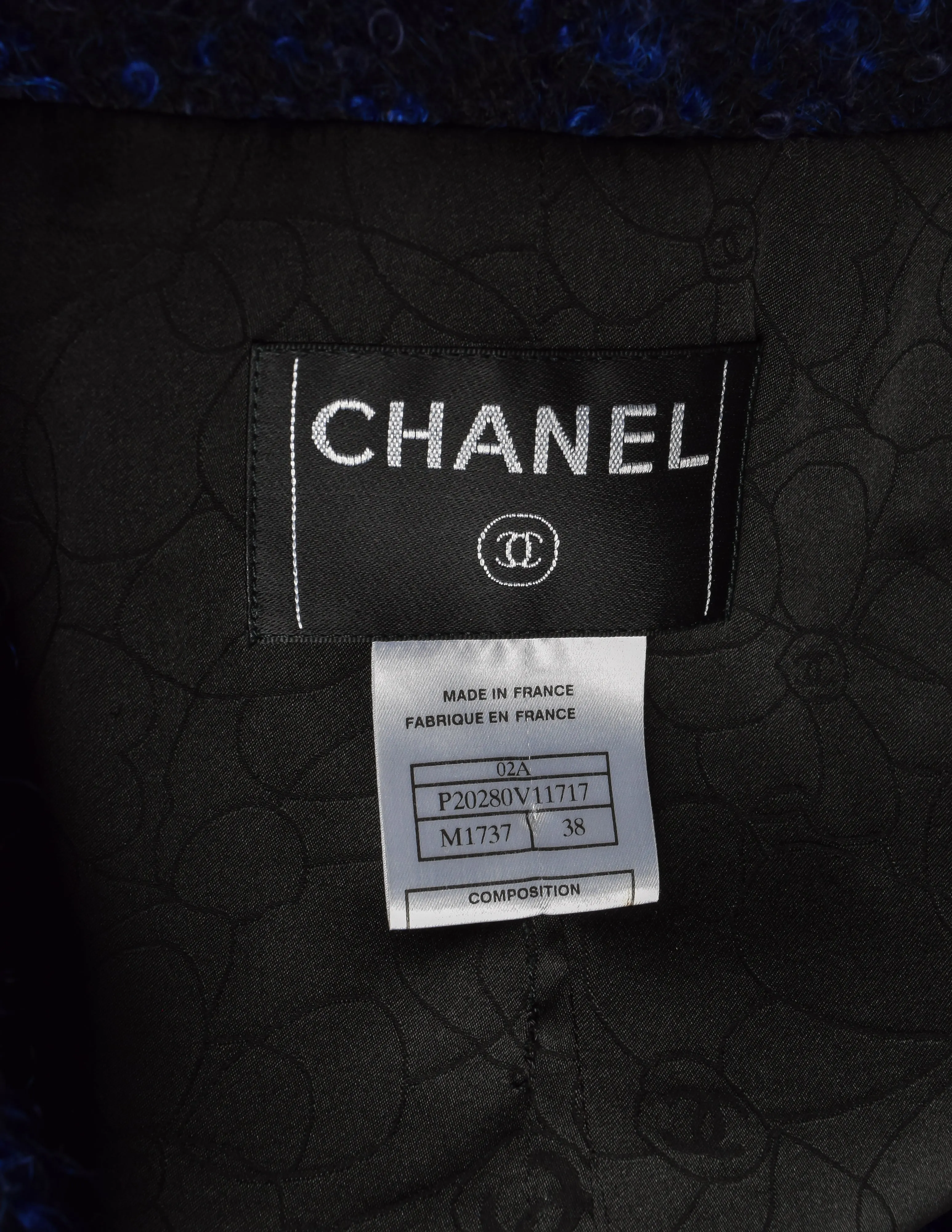 Chanel Vintage AW 2002 Runway Black Blue Wool Boucle Owl Button Two Piece Jacket Skirt Suit