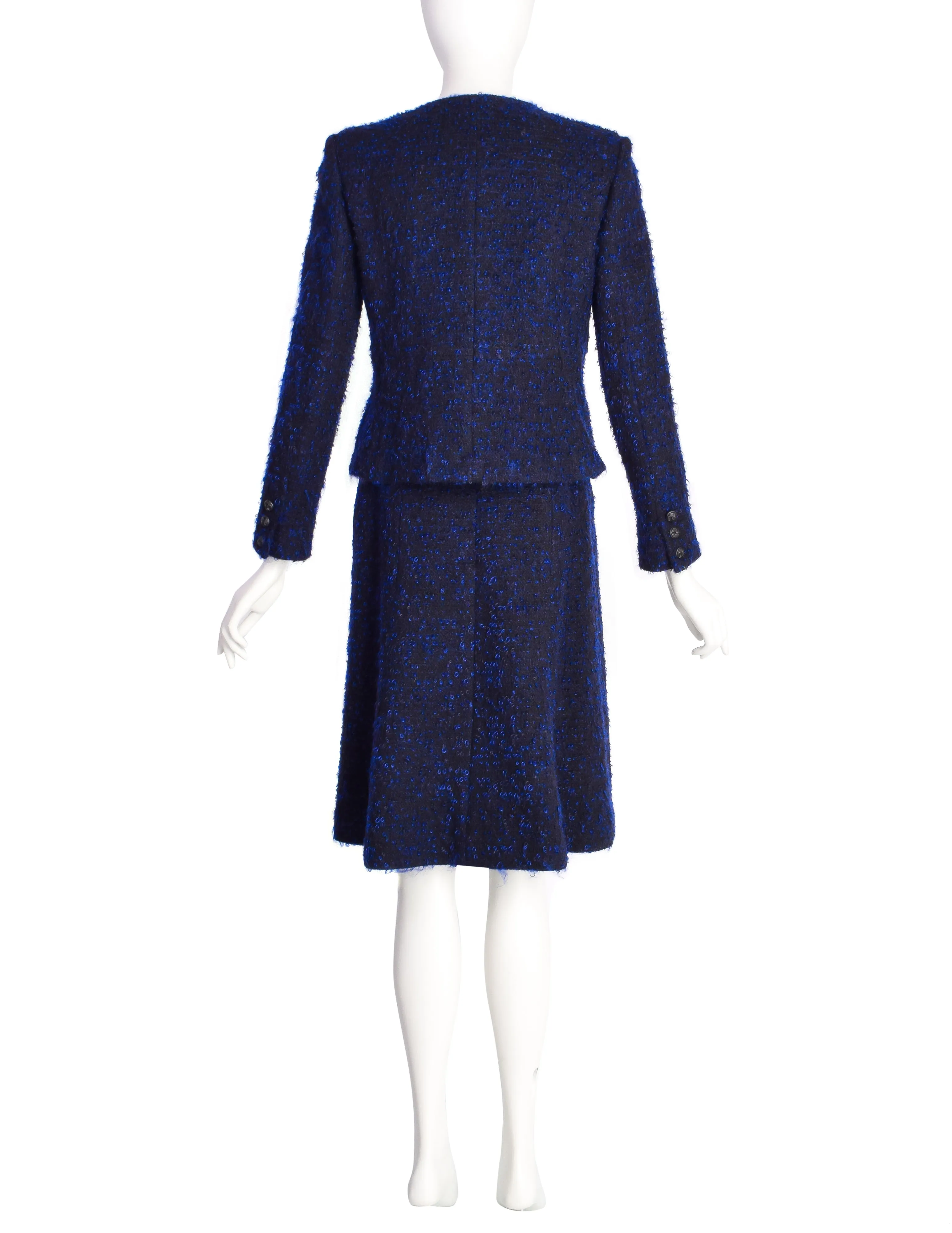 Chanel Vintage AW 2002 Runway Black Blue Wool Boucle Owl Button Two Piece Jacket Skirt Suit