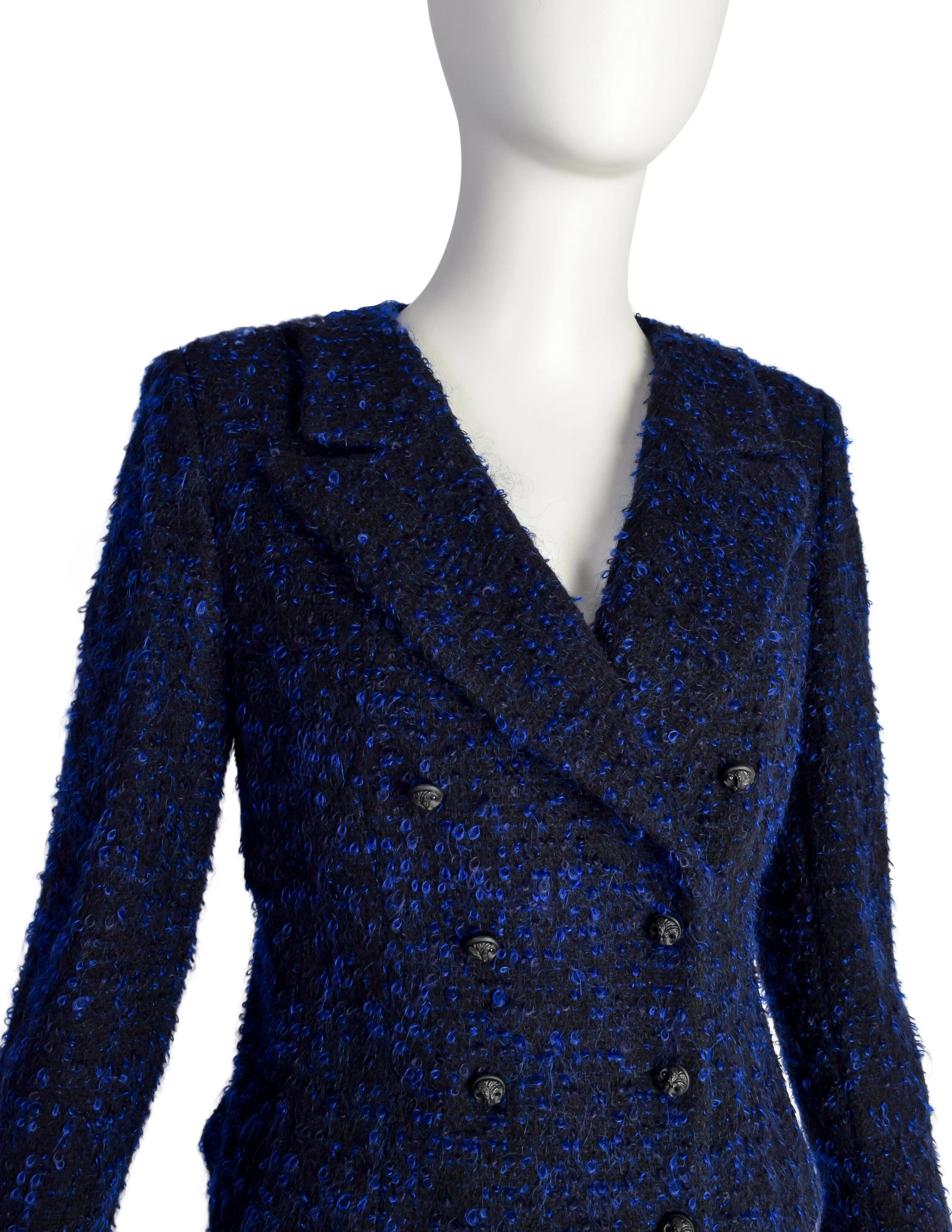 Chanel Vintage AW 2002 Runway Black Blue Wool Boucle Owl Button Two Piece Jacket Skirt Suit