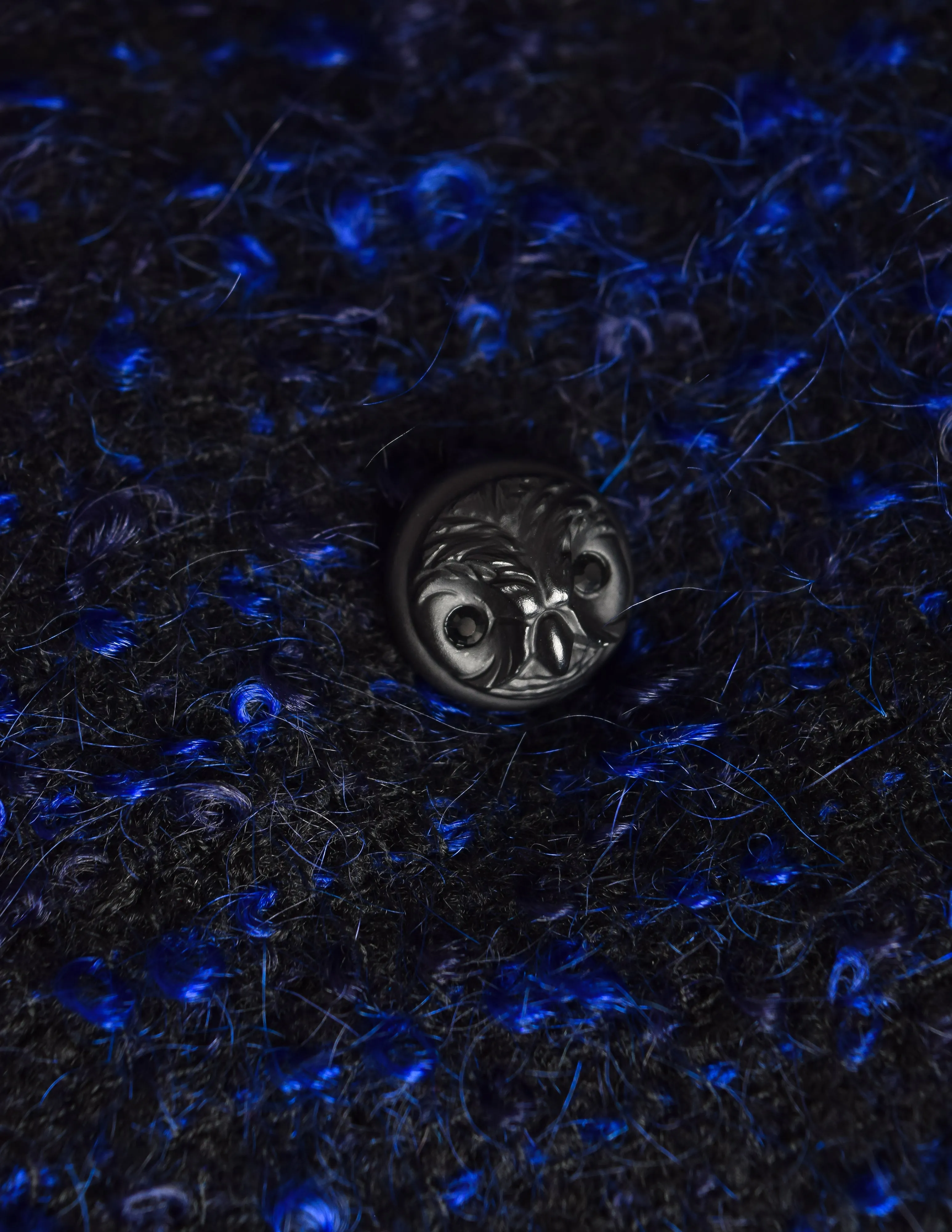 Chanel Vintage AW 2002 Runway Black Blue Wool Boucle Owl Button Two Piece Jacket Skirt Suit