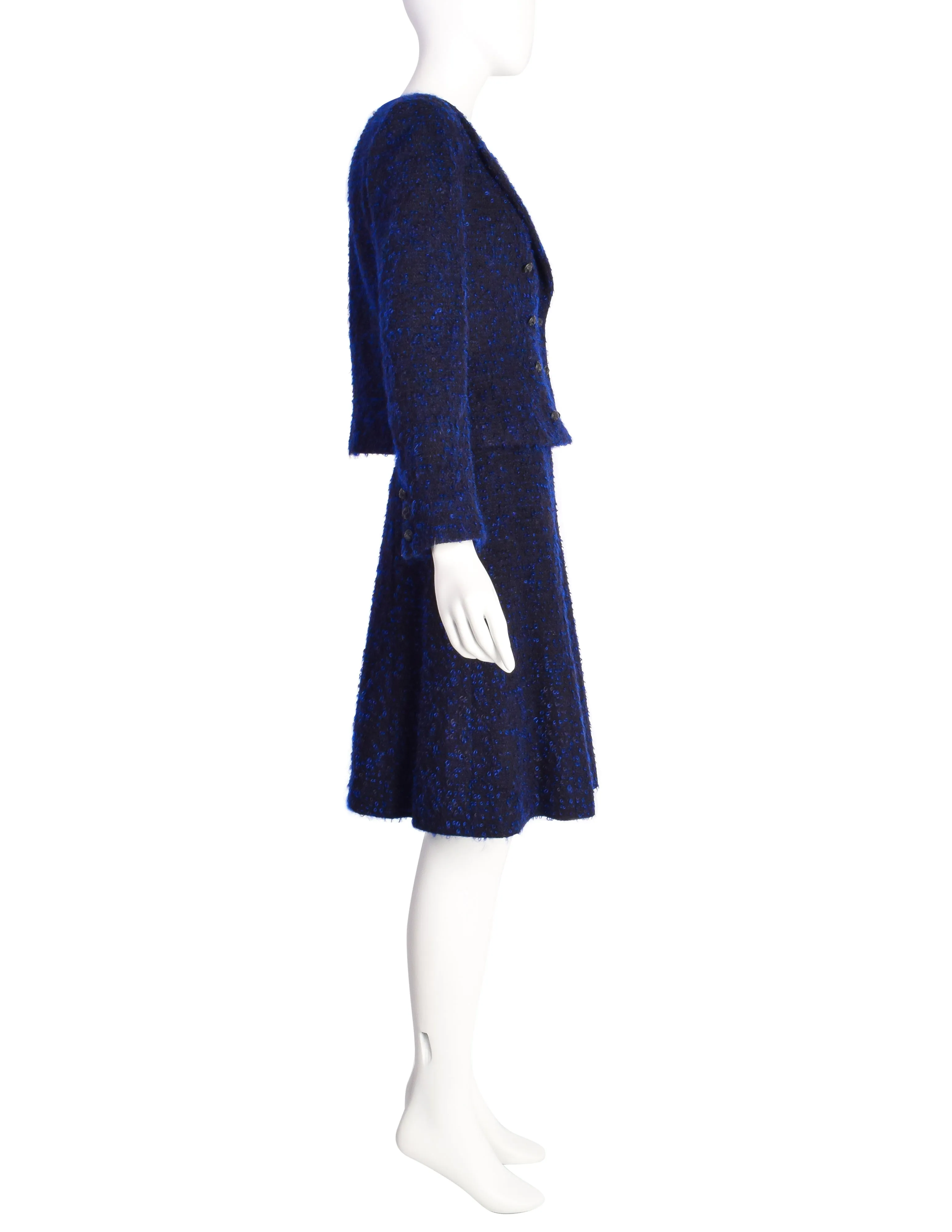 Chanel Vintage AW 2002 Runway Black Blue Wool Boucle Owl Button Two Piece Jacket Skirt Suit