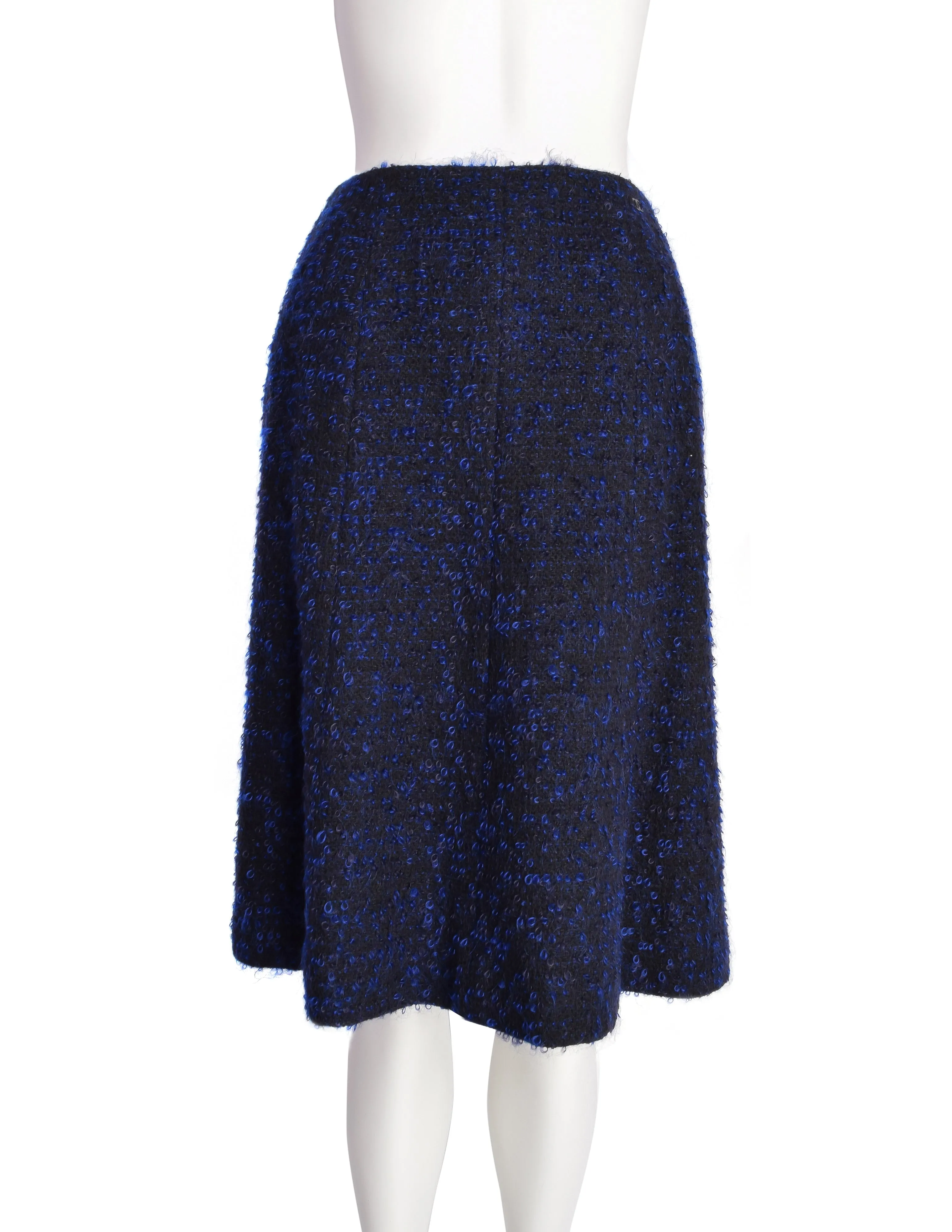 Chanel Vintage AW 2002 Runway Black Blue Wool Boucle Owl Button Two Piece Jacket Skirt Suit