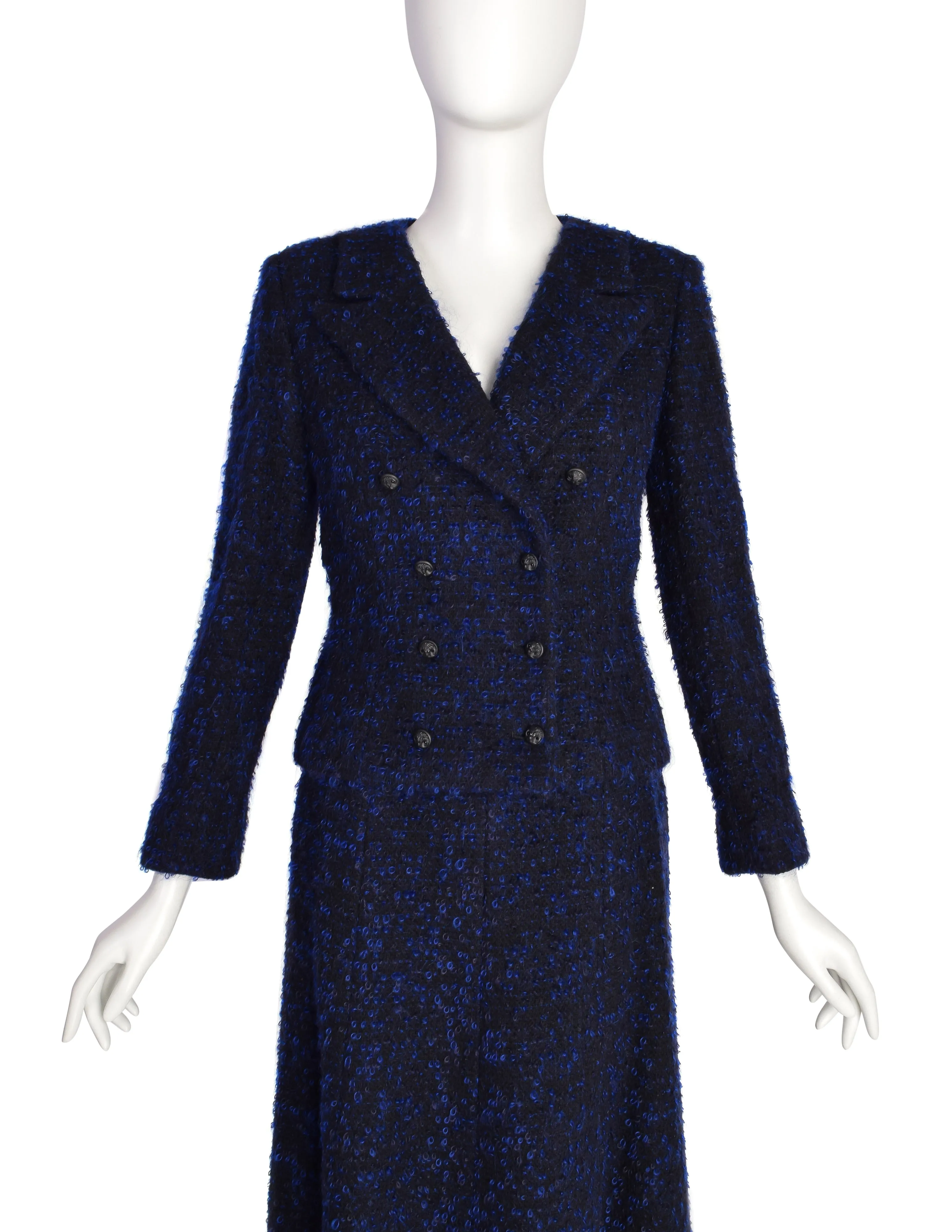 Chanel Vintage AW 2002 Runway Black Blue Wool Boucle Owl Button Two Piece Jacket Skirt Suit