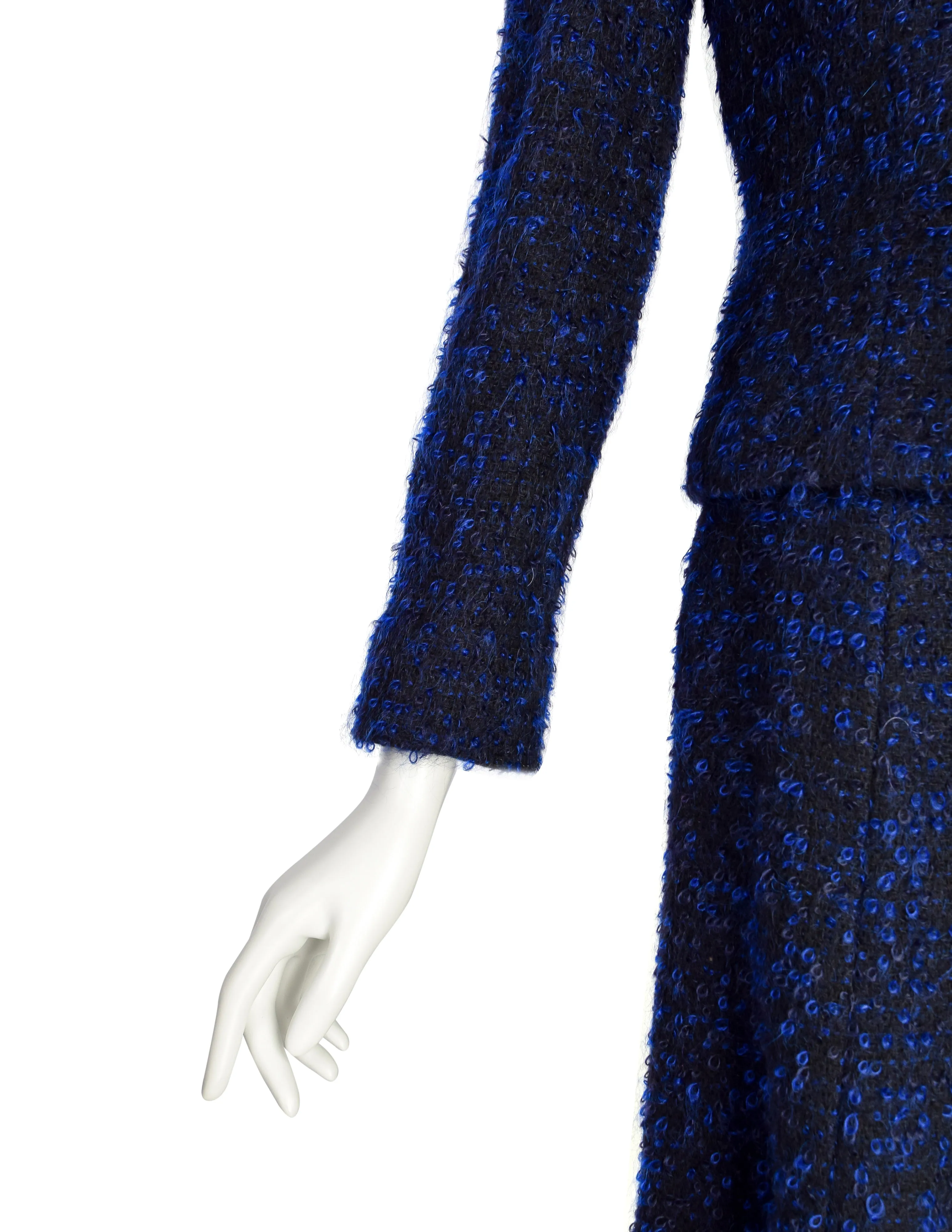 Chanel Vintage AW 2002 Runway Black Blue Wool Boucle Owl Button Two Piece Jacket Skirt Suit