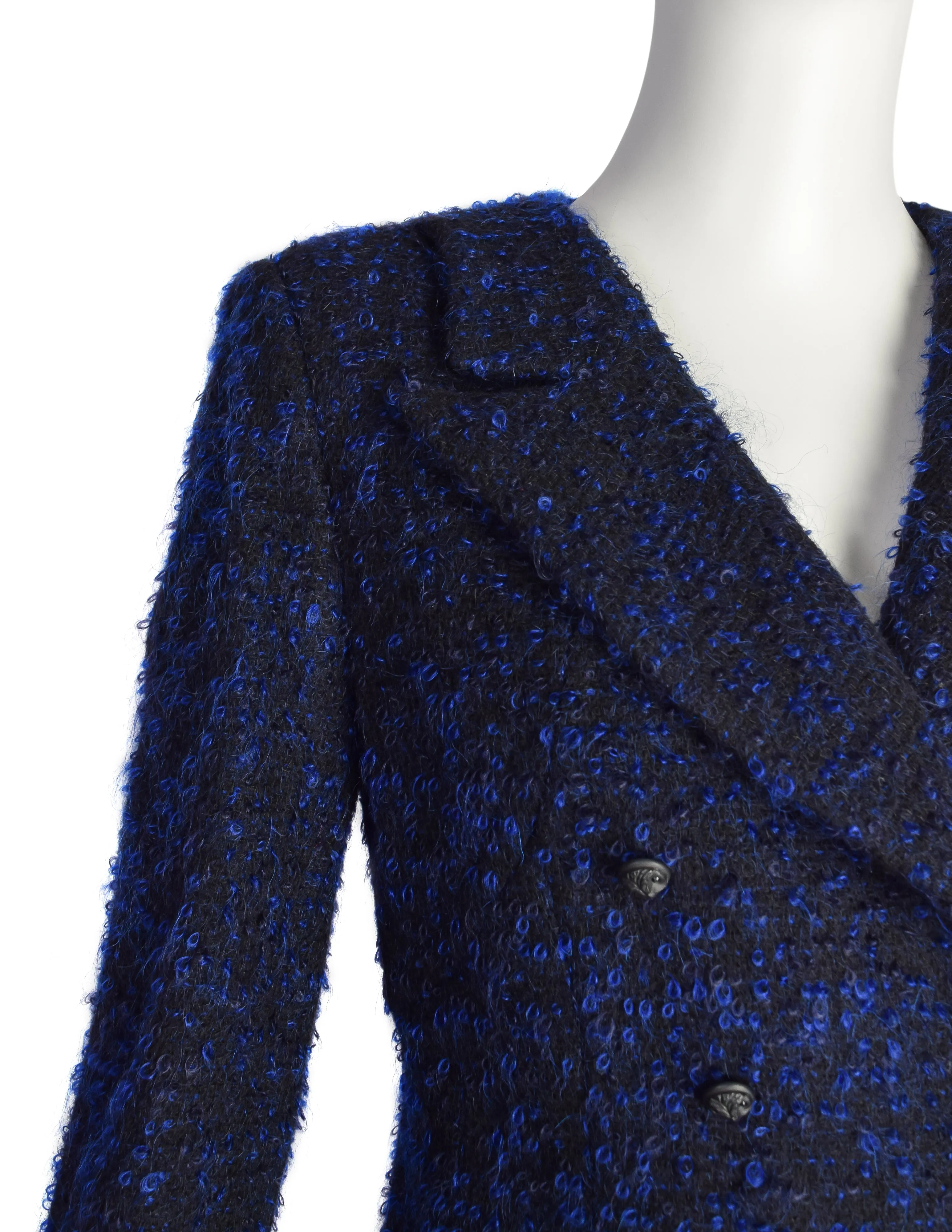 Chanel Vintage AW 2002 Runway Black Blue Wool Boucle Owl Button Two Piece Jacket Skirt Suit