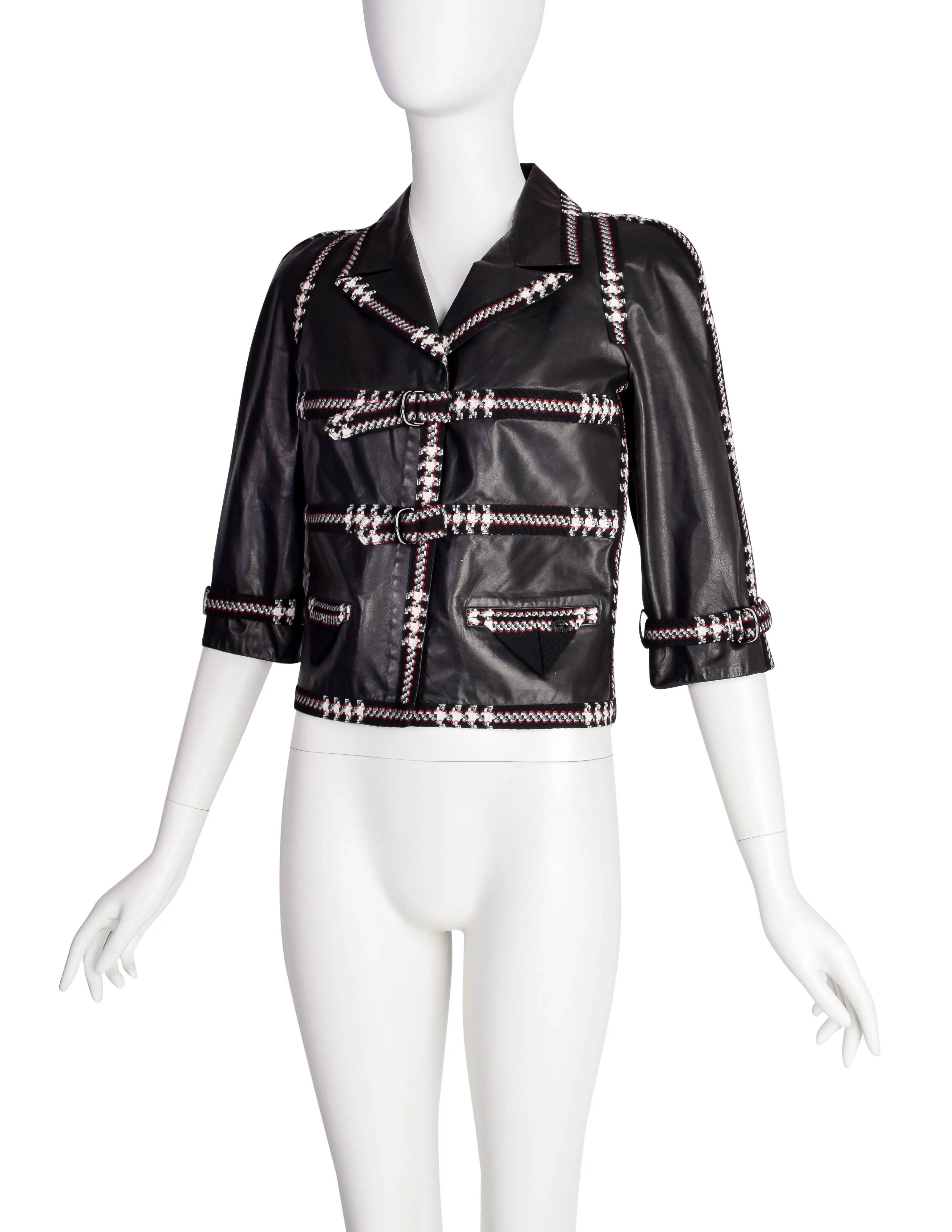 Chanel Vintage AW 2007 Tweed Detail Cropped Black Leather Jacket