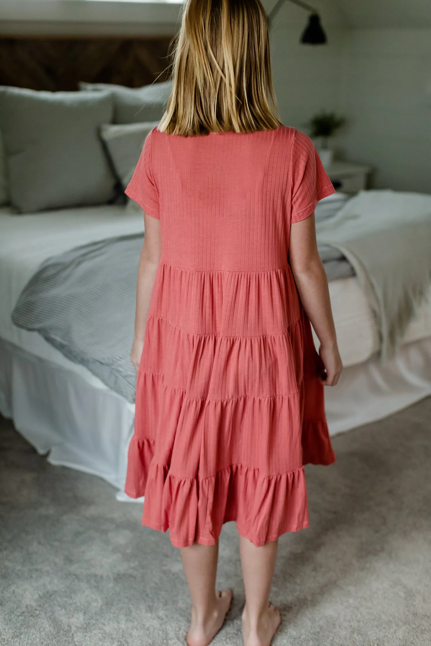 Coral Ribbed Midi Swing Dress