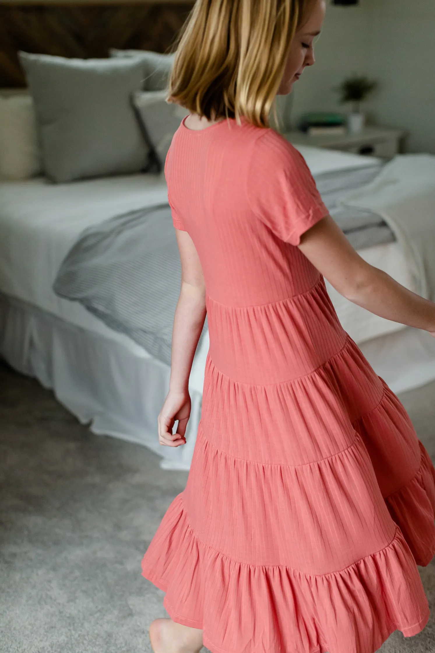 Coral Ribbed Midi Swing Dress
