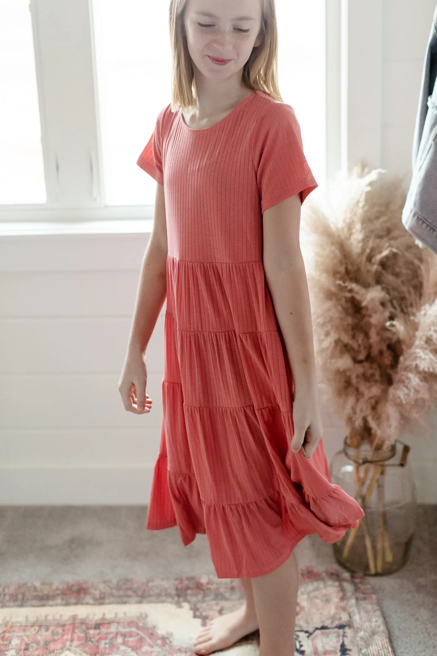 Coral Ribbed Midi Swing Dress