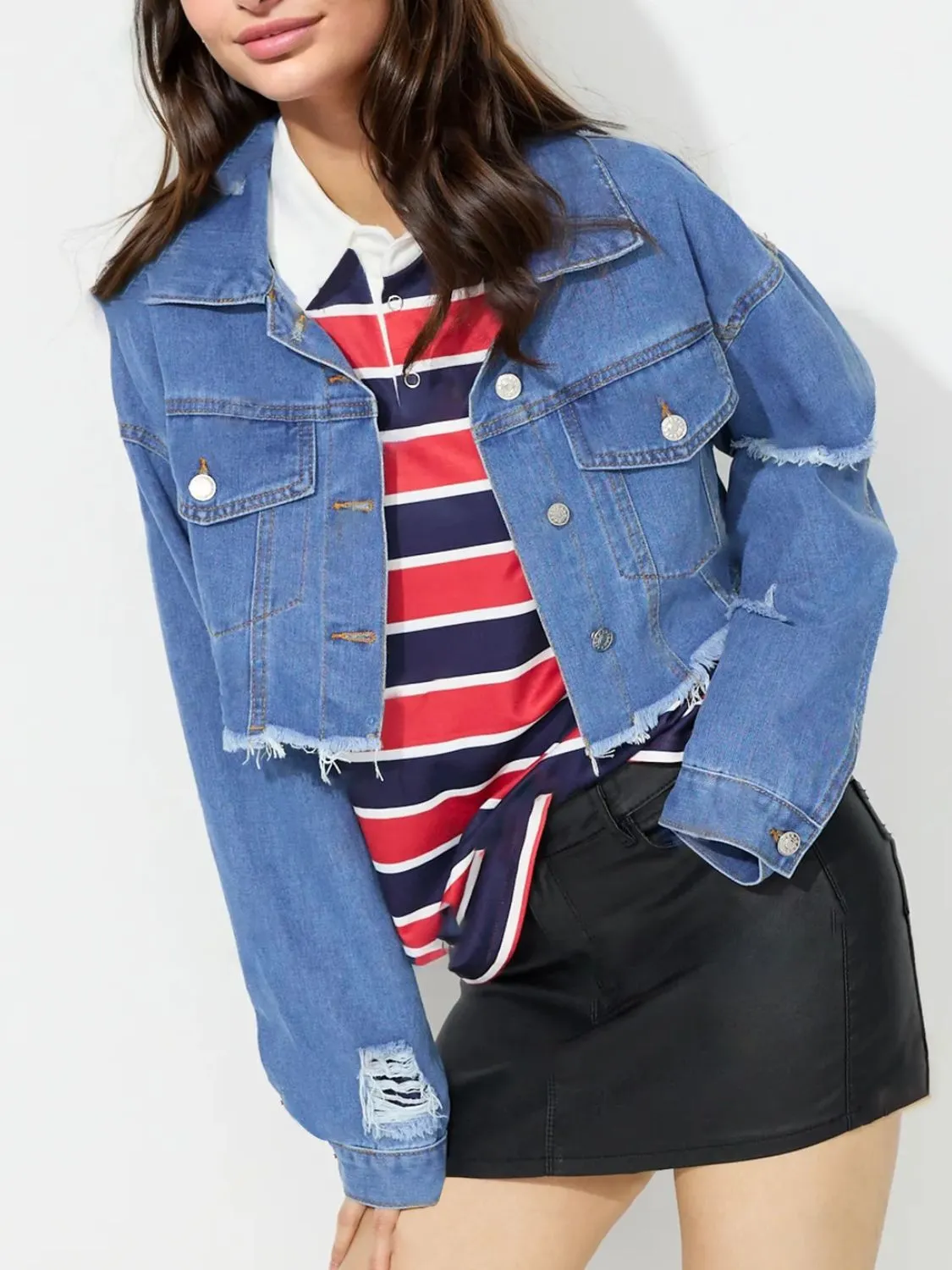 Cropped Distressed Jean Jacket Raw Frayed Hem Button Blue Denim Long Sleeve