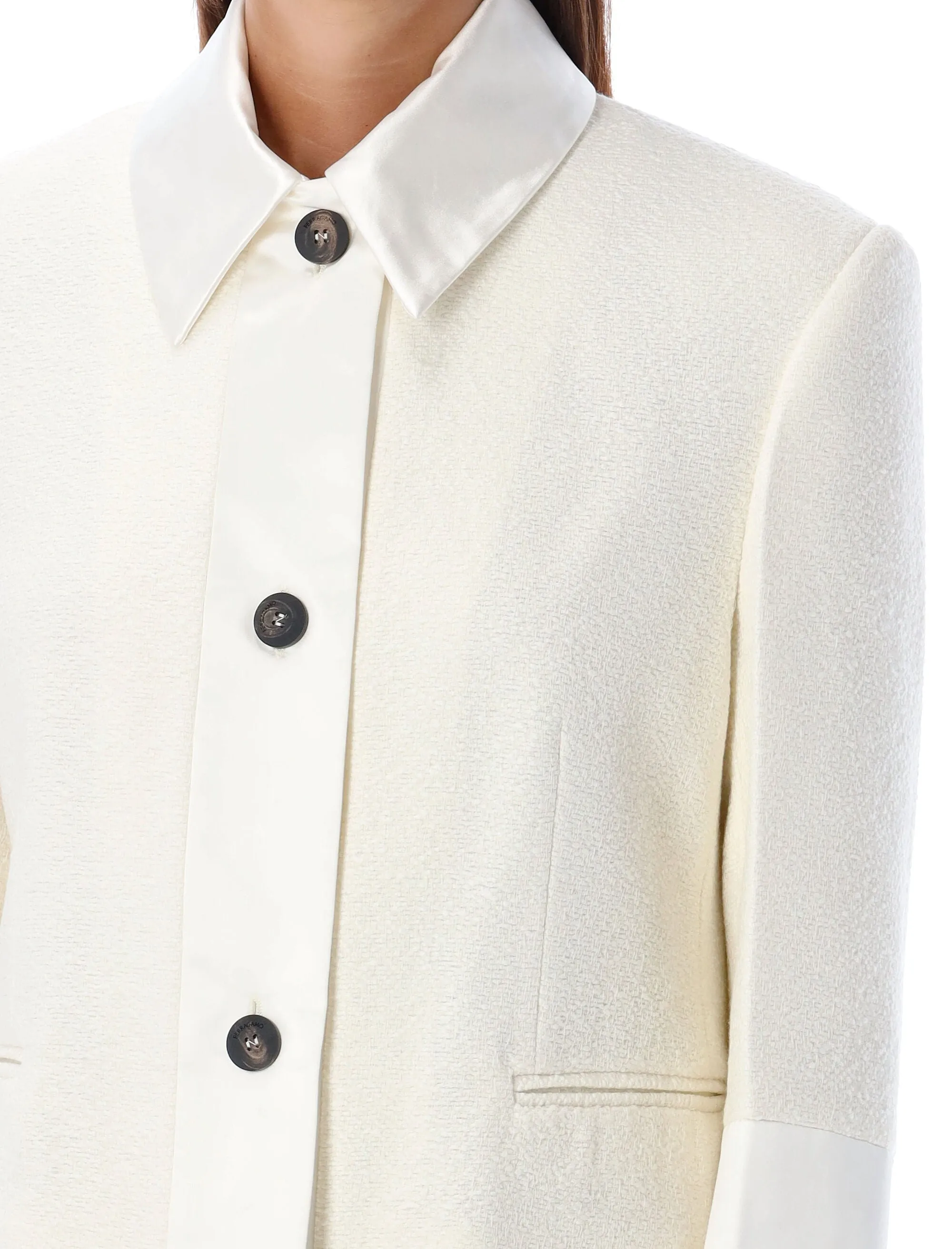 Ferragamo Sophisticated White Cropped Jacket with Satin Inserts for Women