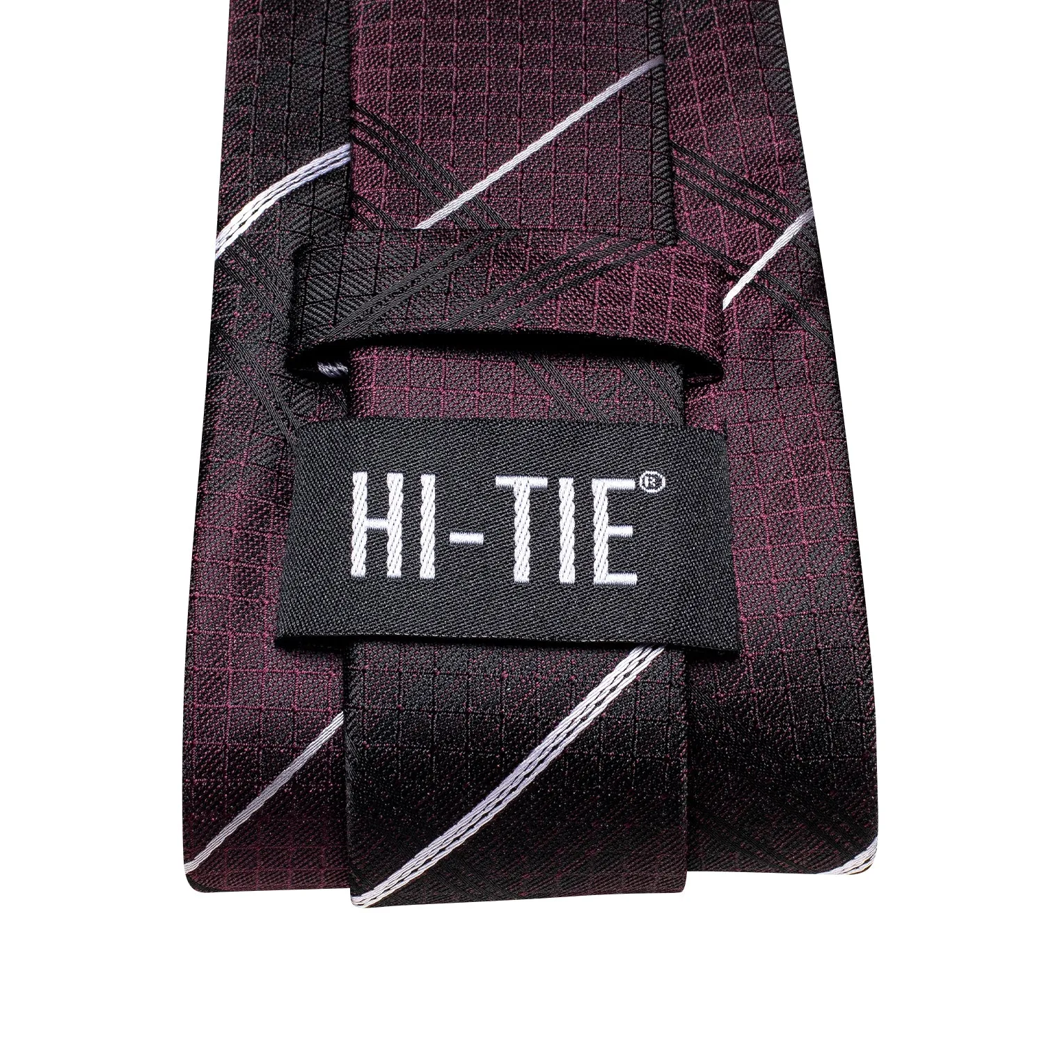Hi-Tie Burgundy Red White Strip Silk Tie Pocket Square Cufflinks Set
