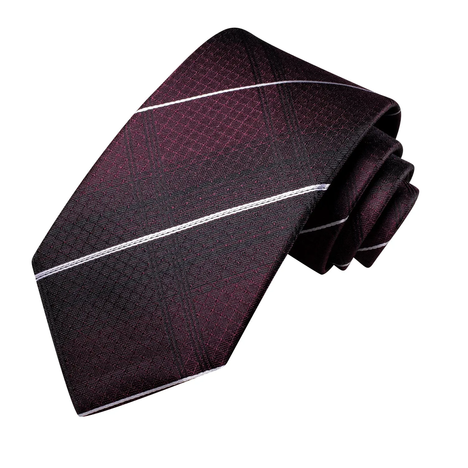 Hi-Tie Burgundy Red White Strip Silk Tie Pocket Square Cufflinks Set