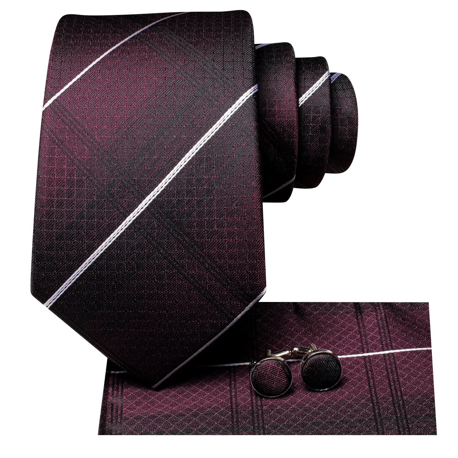 Hi-Tie Burgundy Red White Strip Silk Tie Pocket Square Cufflinks Set