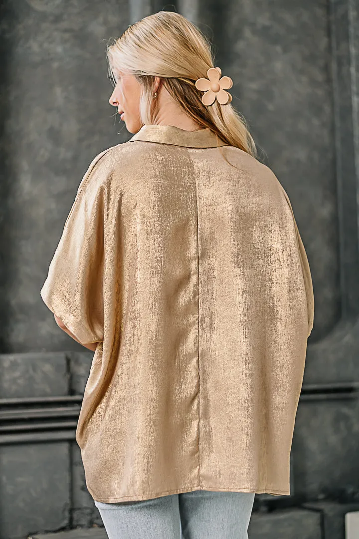 I'm That Girl Metallic Button Up Top | Gold