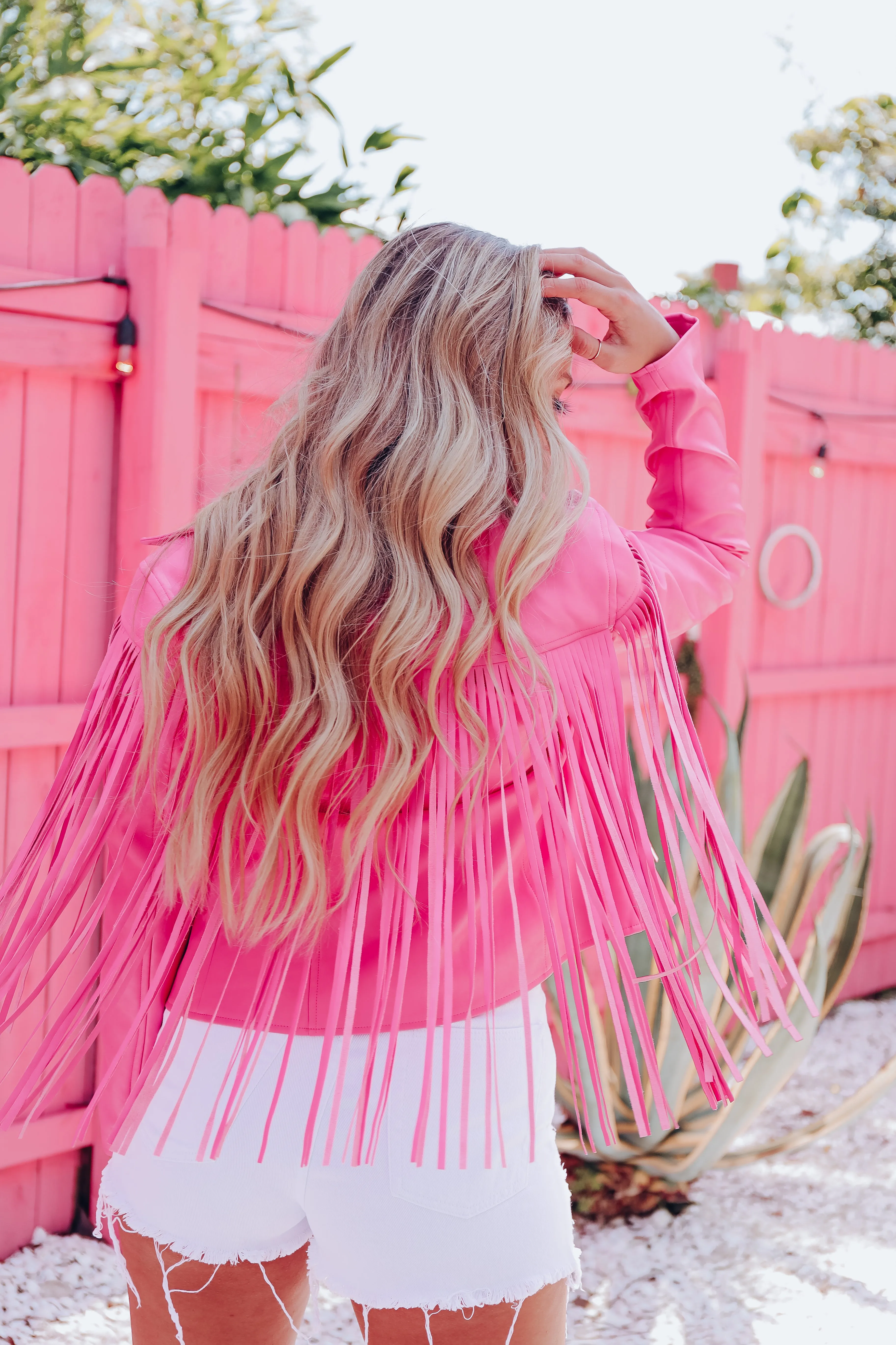 Josey Faux Leather Fringe Moto Jacket - Pink