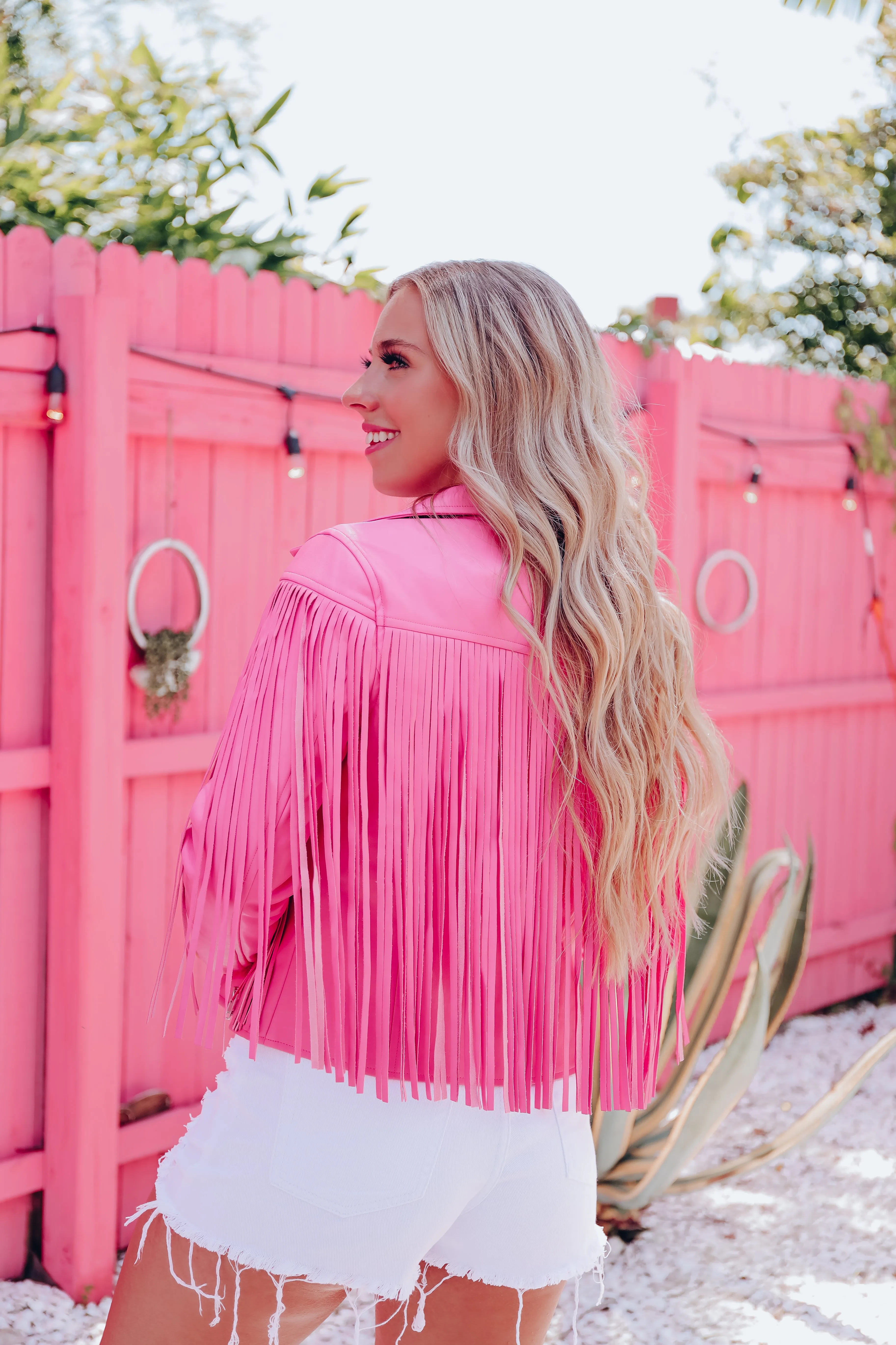 Josey Faux Leather Fringe Moto Jacket - Pink