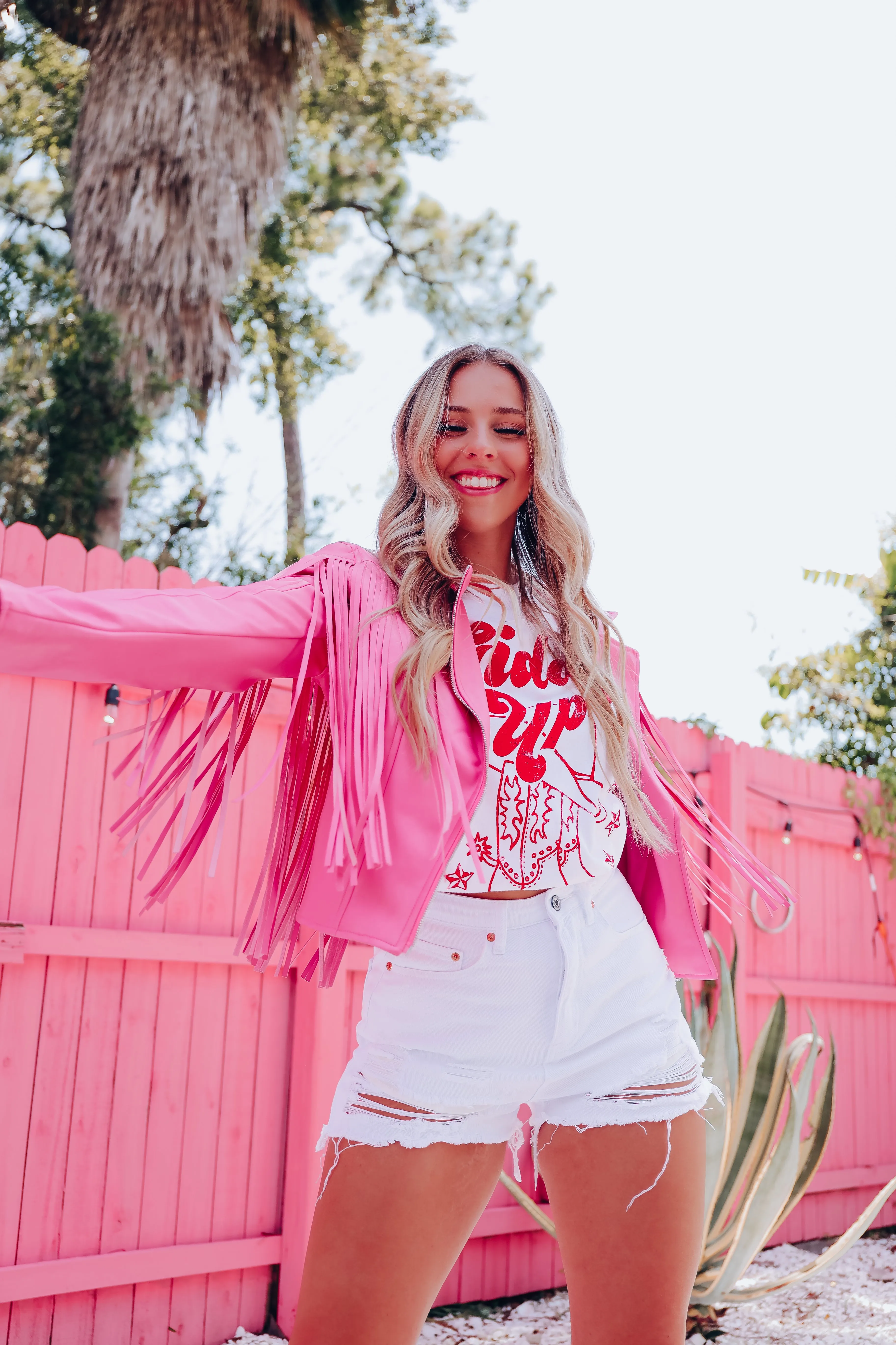 Josey Faux Leather Fringe Moto Jacket - Pink