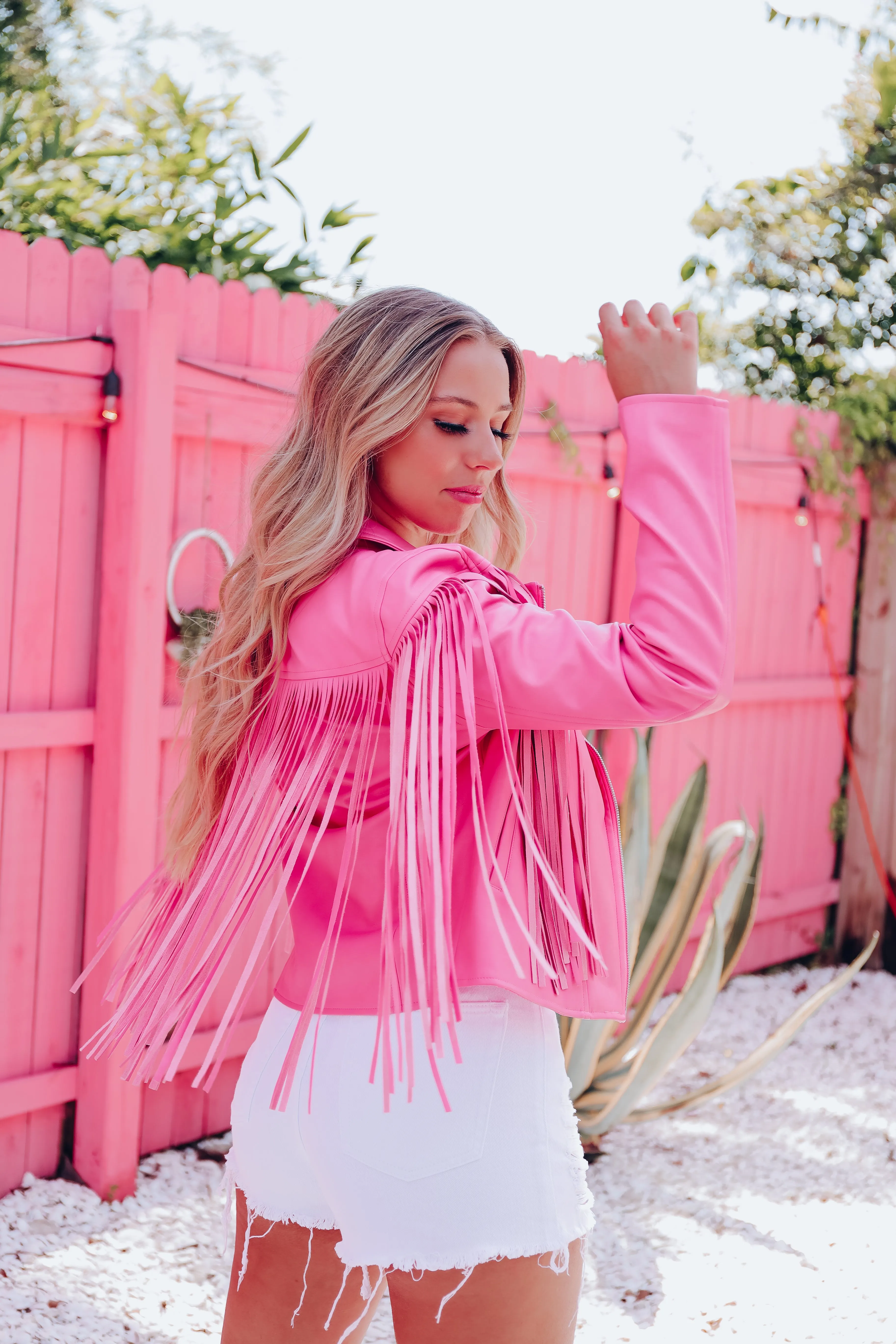 Josey Faux Leather Fringe Moto Jacket - Pink