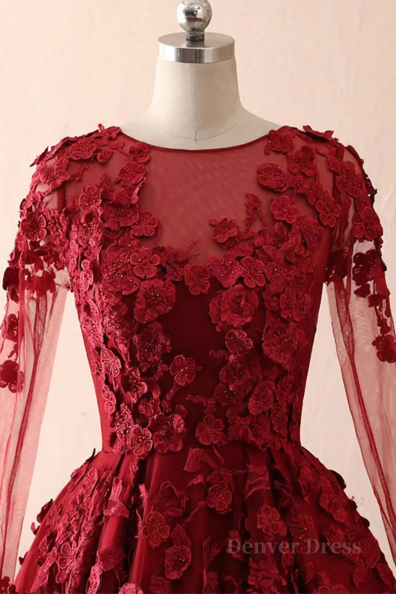 kamahe Burgundy round neck lace long prom dress burgundy evening dress