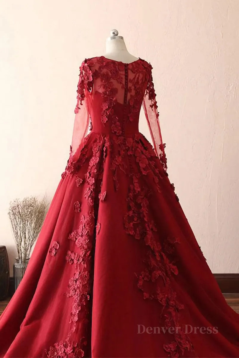 kamahe Burgundy round neck lace long prom dress burgundy evening dress