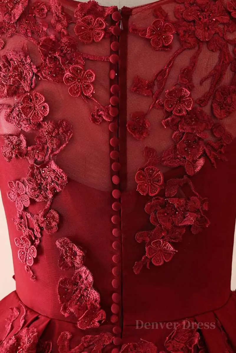 kamahe Burgundy round neck lace long prom dress burgundy evening dress