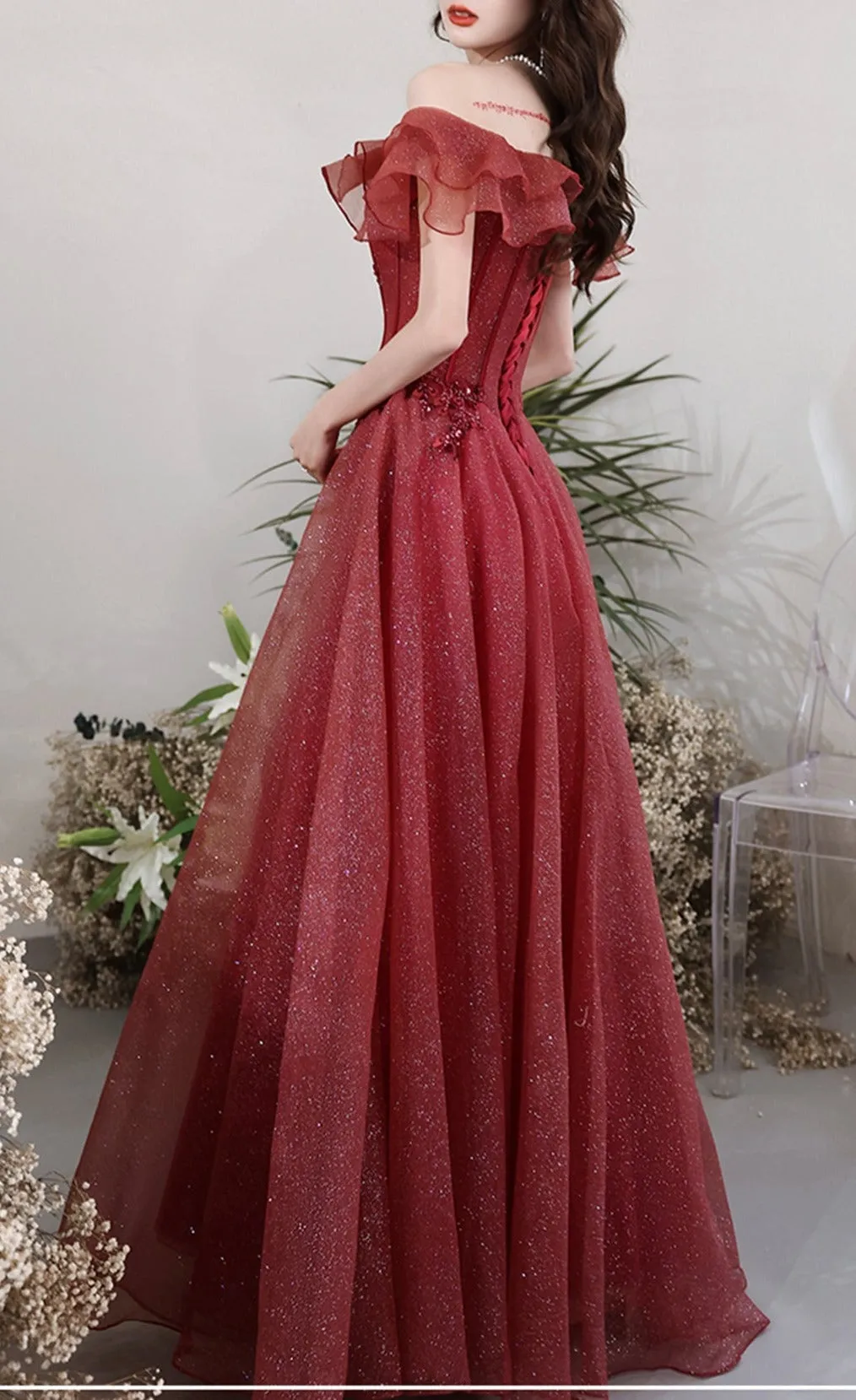 kamahe Burgundy Tulle Long A Line Prom Dress Evening Dress