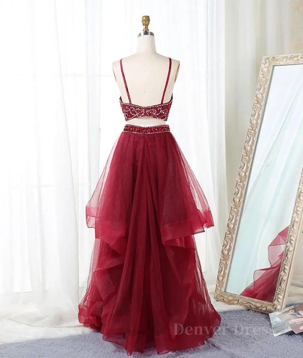 kamahe Burgundy two pieces beads long prom dress, burgundy evening dress