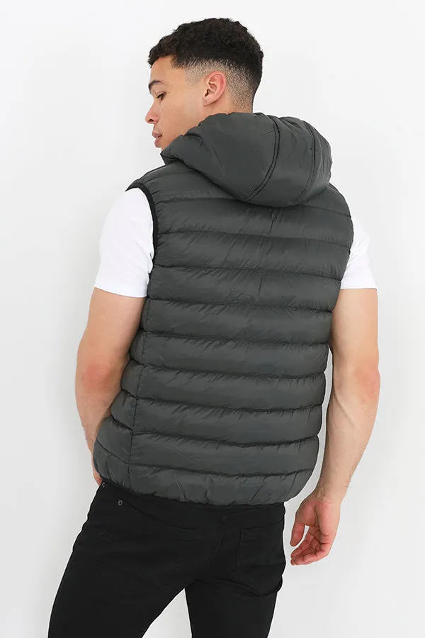KHAKI ZIP THROUGH CHEVRON QUILT PADDED HOODED GILET