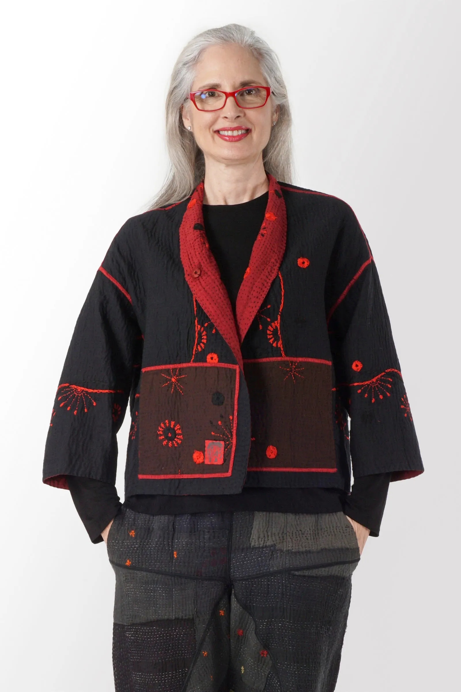 OMBRE SUN RALLI FIREWORKS KANTHA STAND COLLAR CROPPED JACKET - of4034-red -