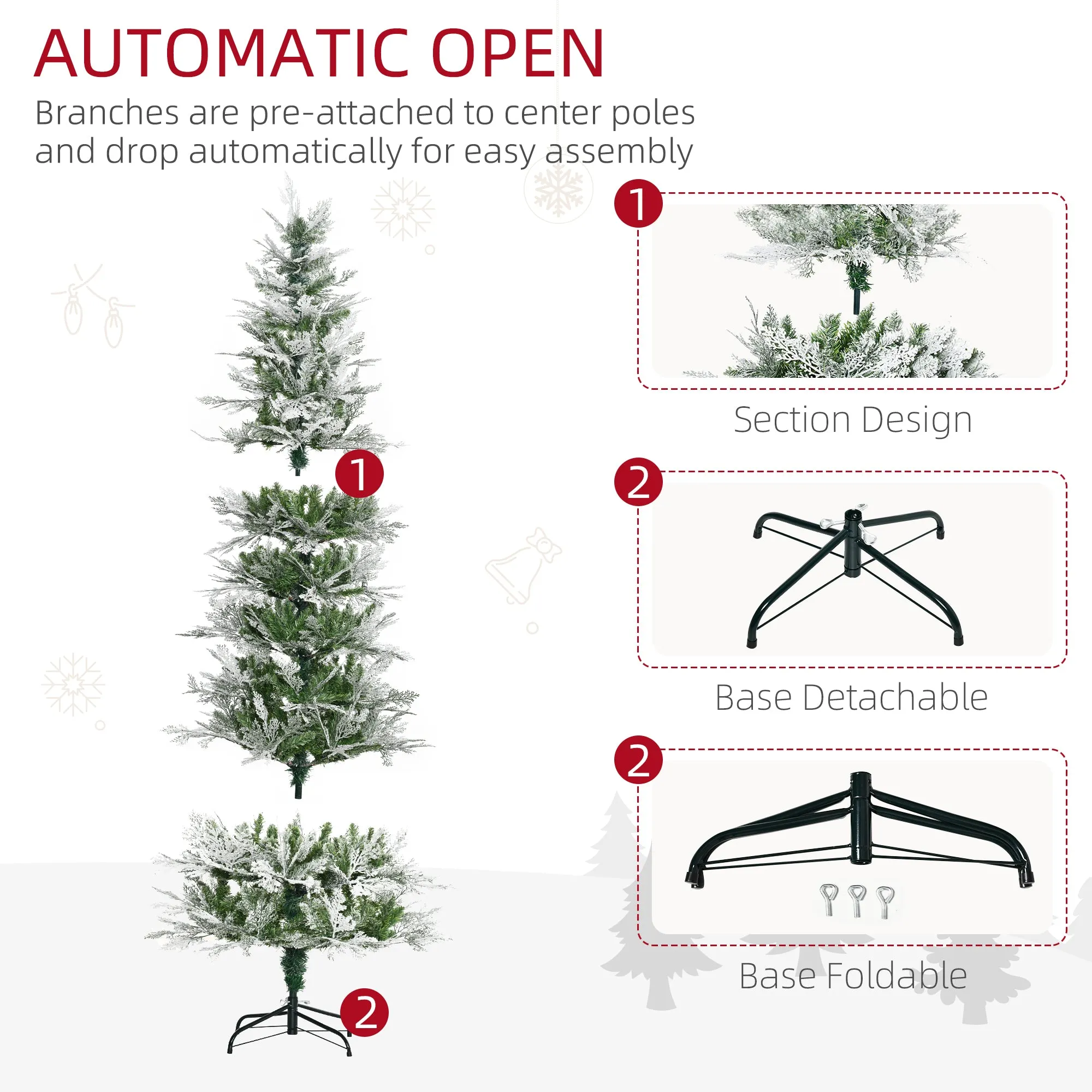 Pencil Snow Flocked Artificial Christmas Tree with Realistic Cypress Branches, Auto Open, Green