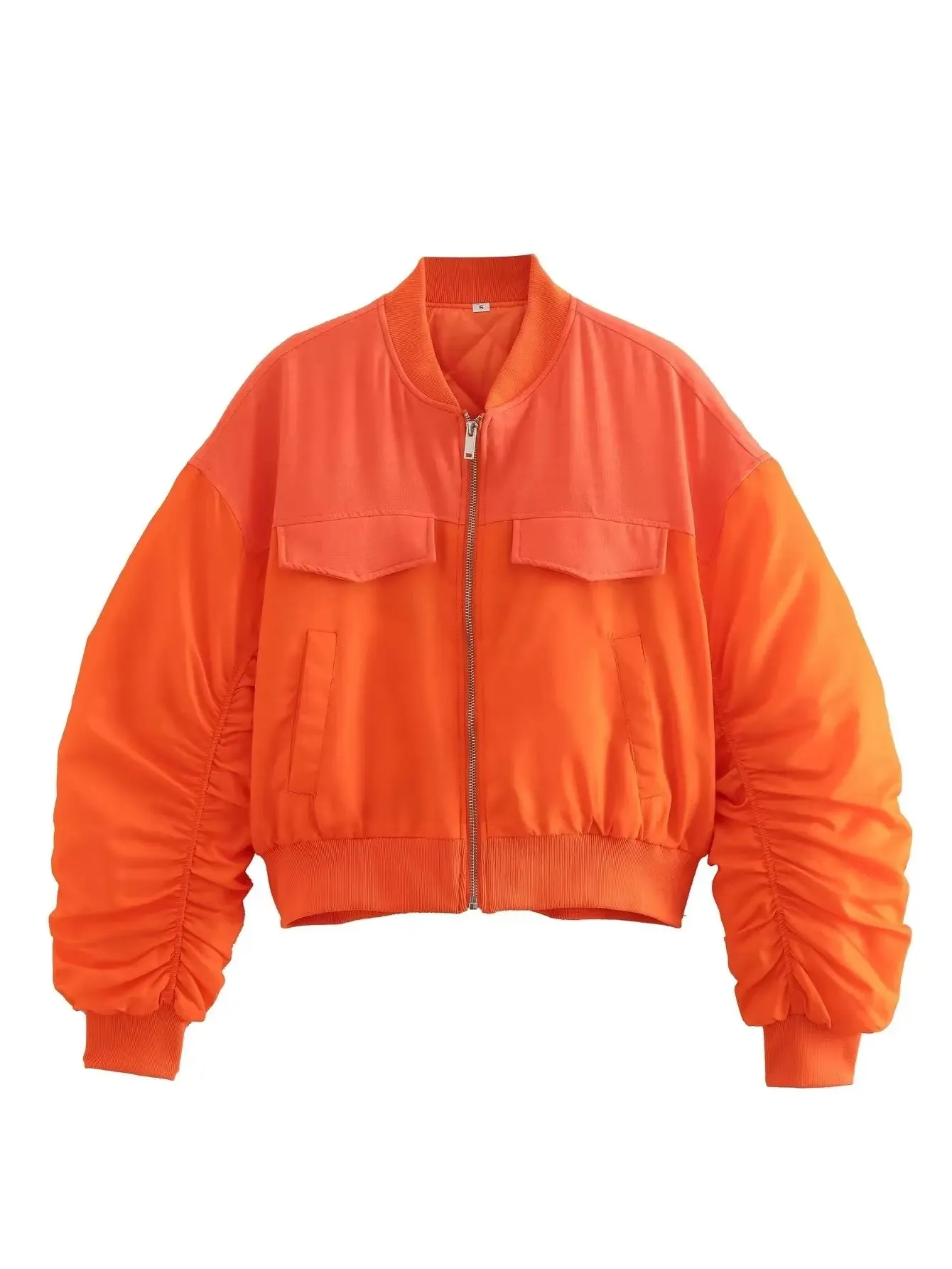 Pre Order:  Ruched Sleeves Zip-Up Cropped Jacket