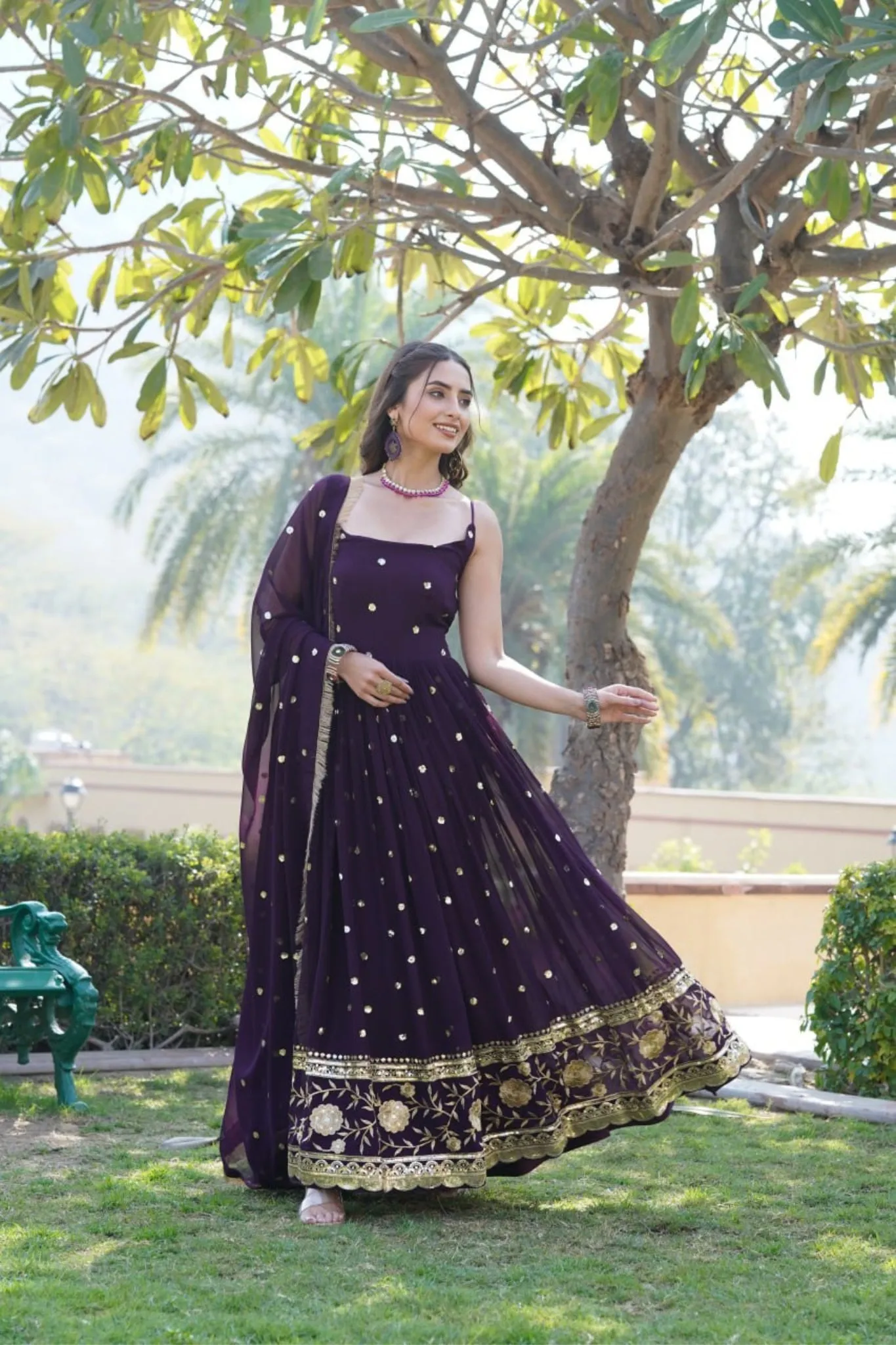 Round Neck Designer Readymade Embroidered Work Gown