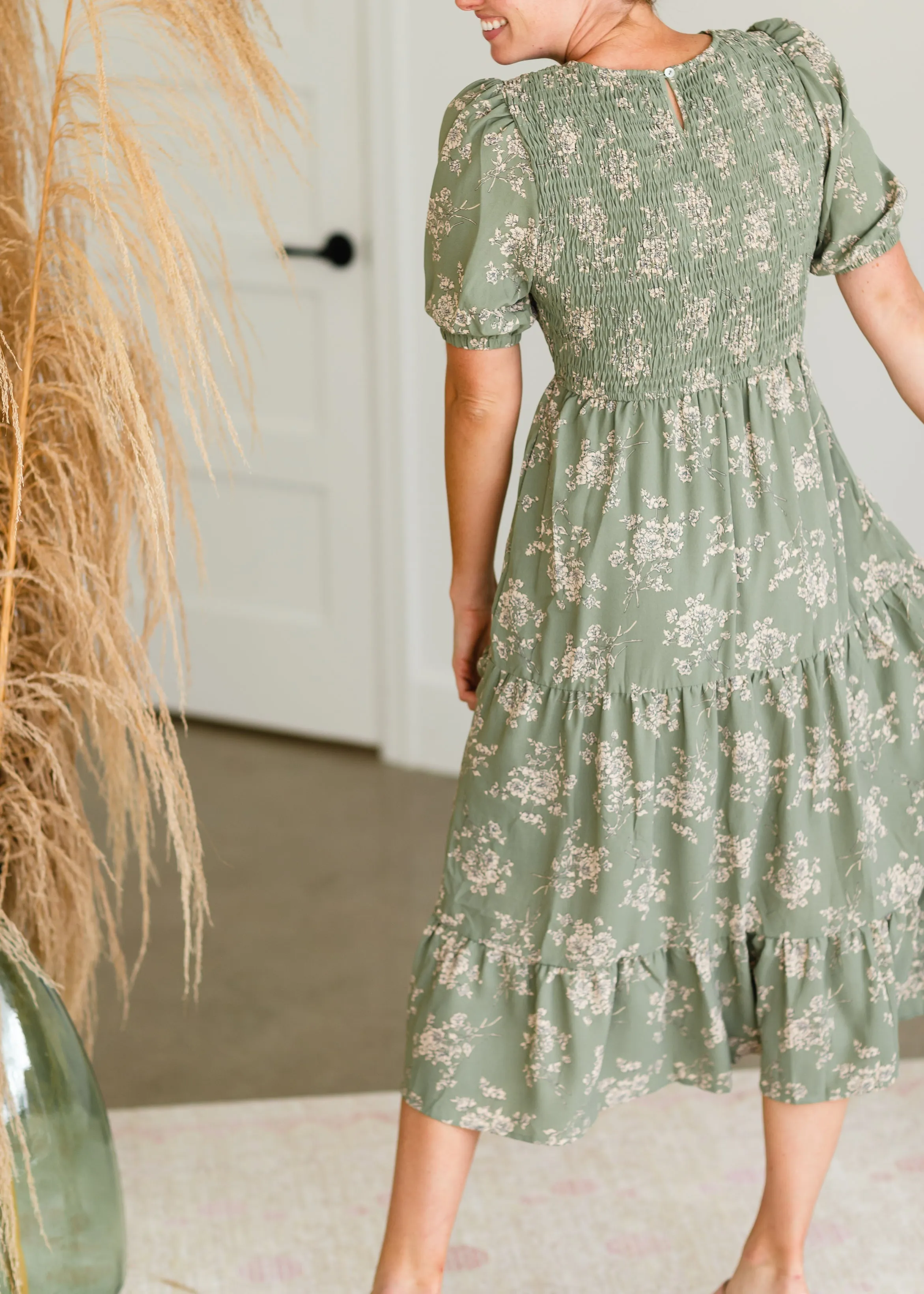 Sage Smocked Tiered Midi Dress - FINAL SALE