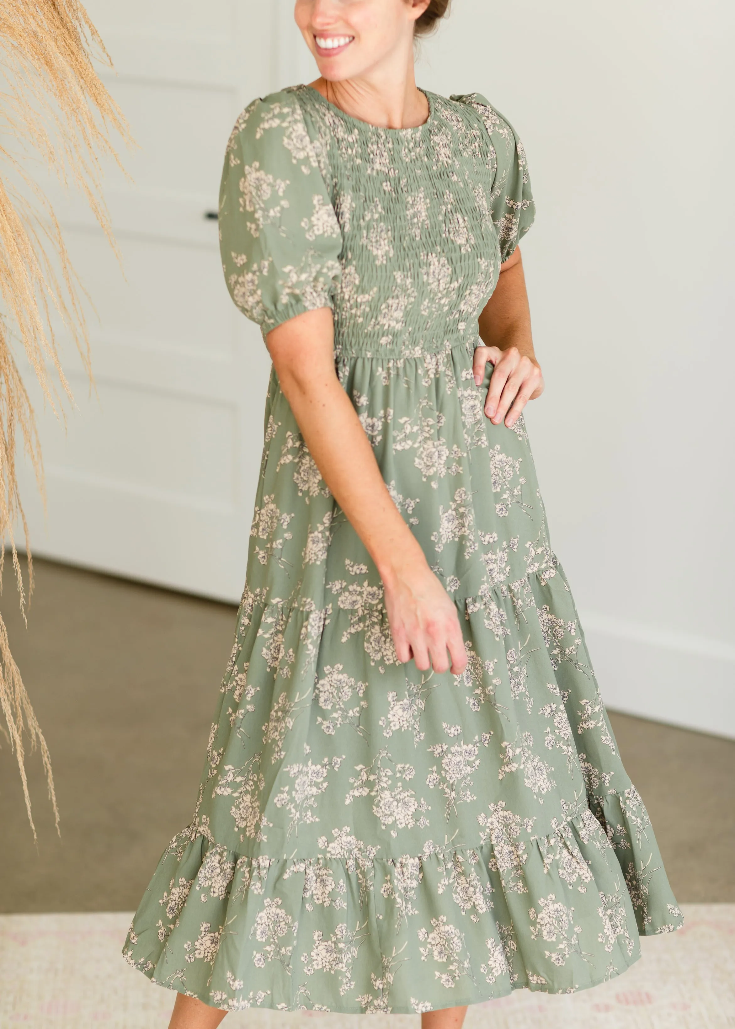 Sage Smocked Tiered Midi Dress - FINAL SALE