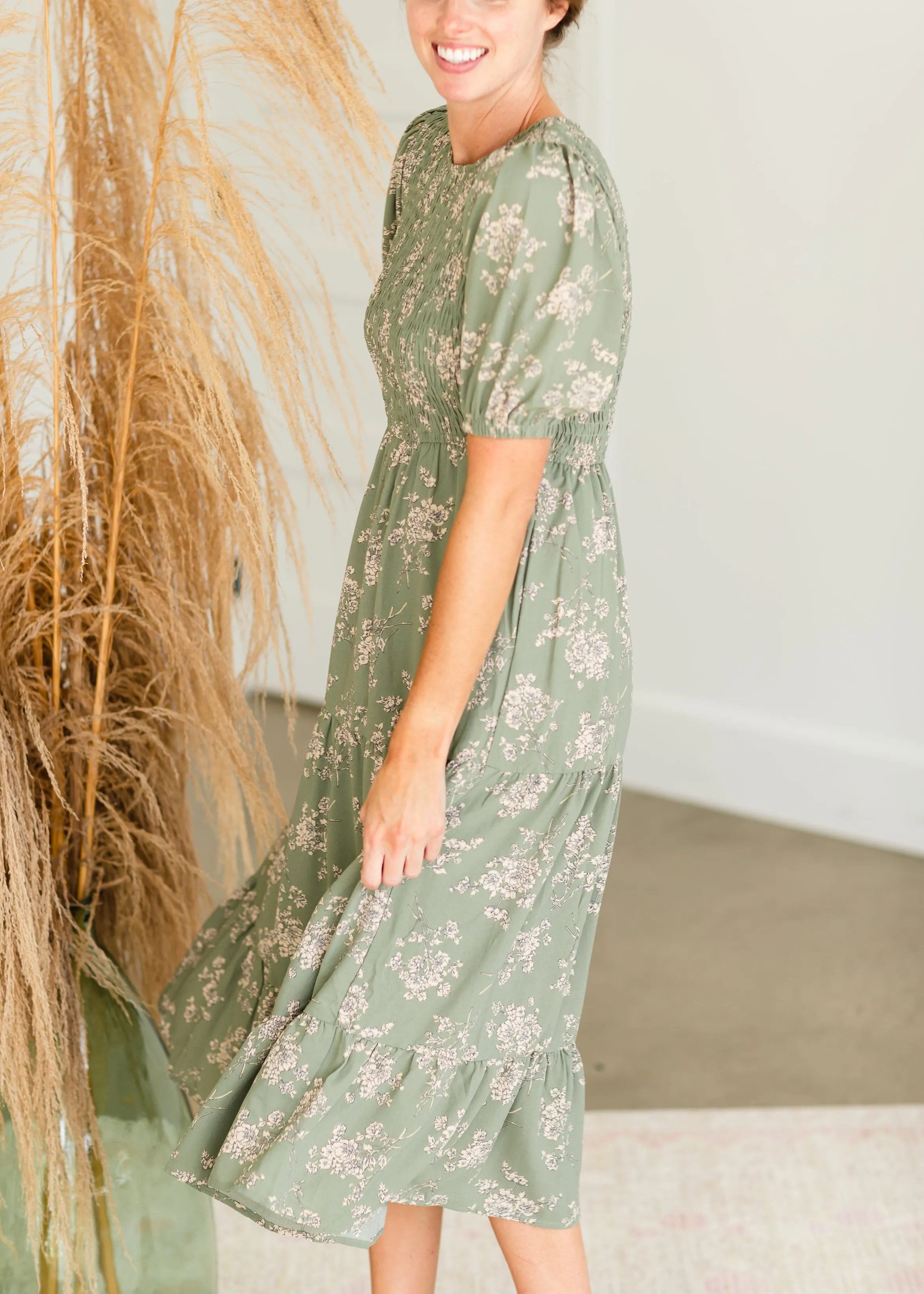 Sage Smocked Tiered Midi Dress - FINAL SALE